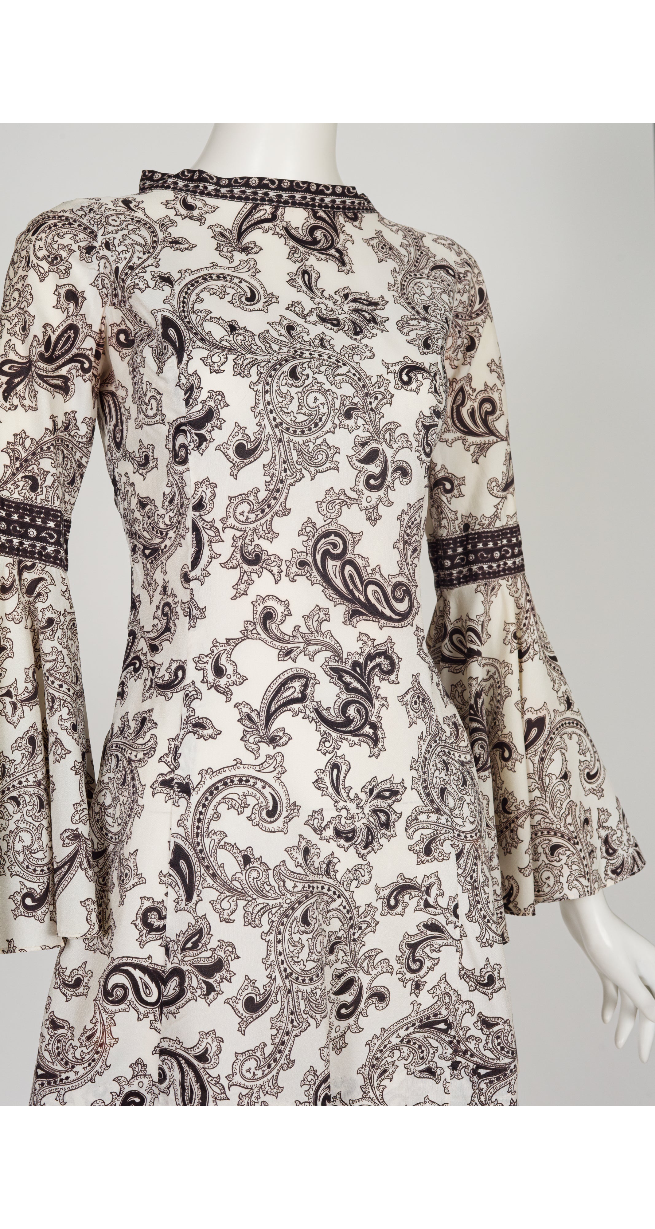 1960s Paisley Print White Trumpet Sleeve Mini Dress