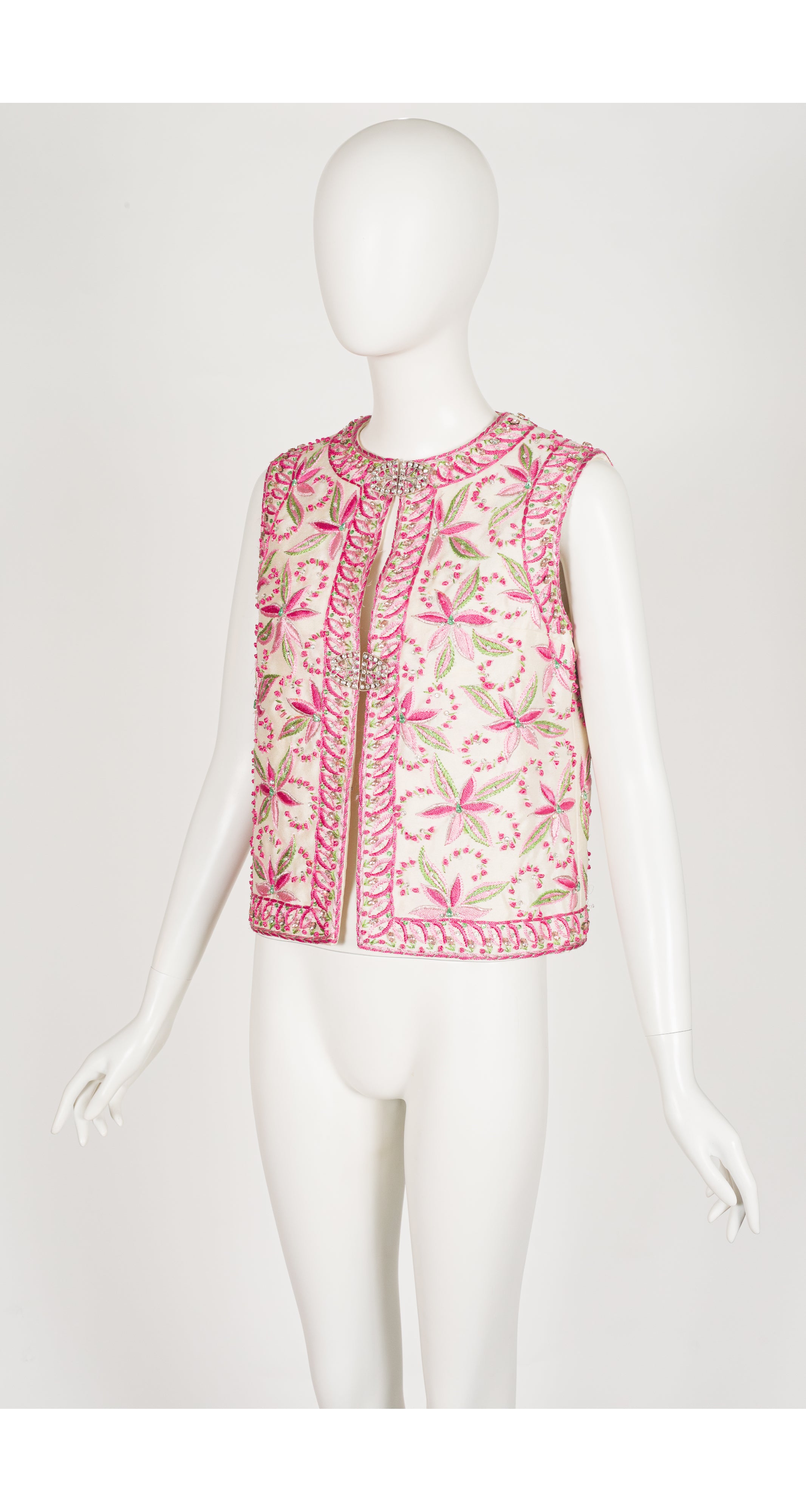 1969 Embellished Green & Pink Floral Embroidered Vest