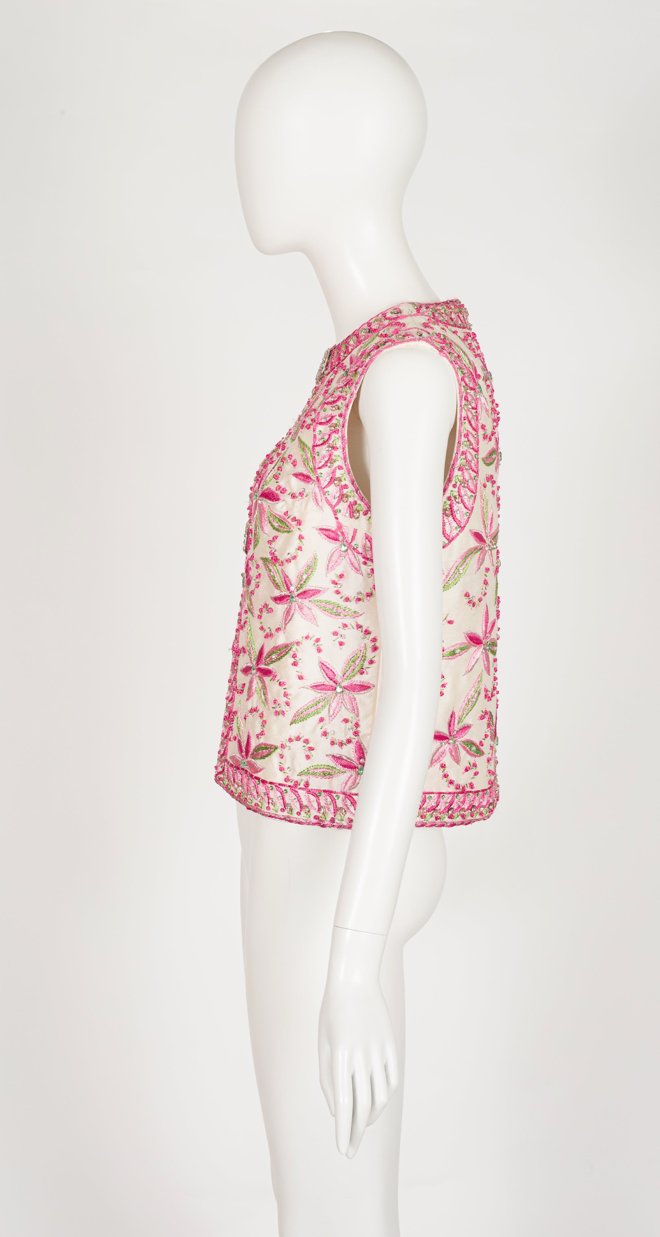 1969 Embellished Green & Pink Floral Embroidered Vest