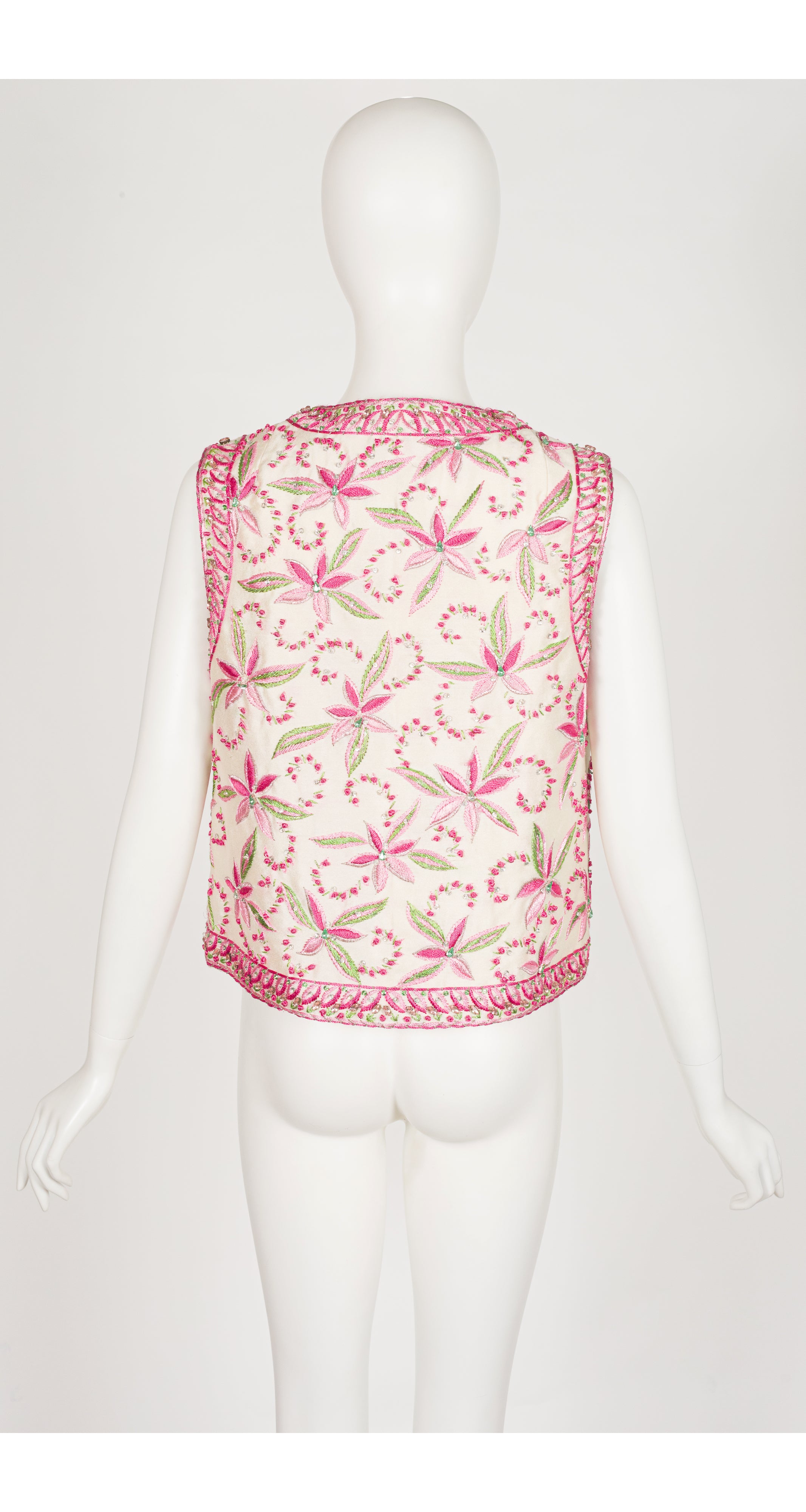 1969 Embellished Green & Pink Floral Embroidered Vest