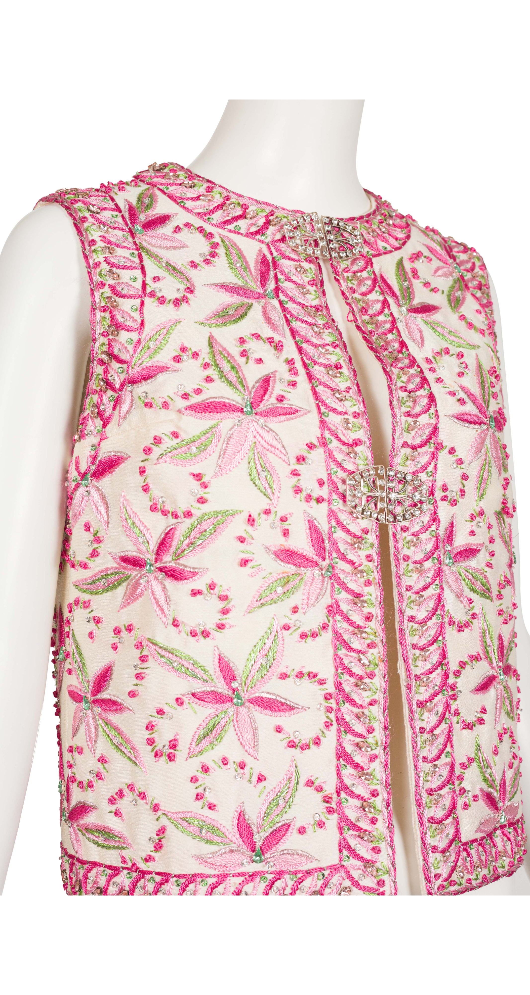 1969 Embellished Green & Pink Floral Embroidered Vest