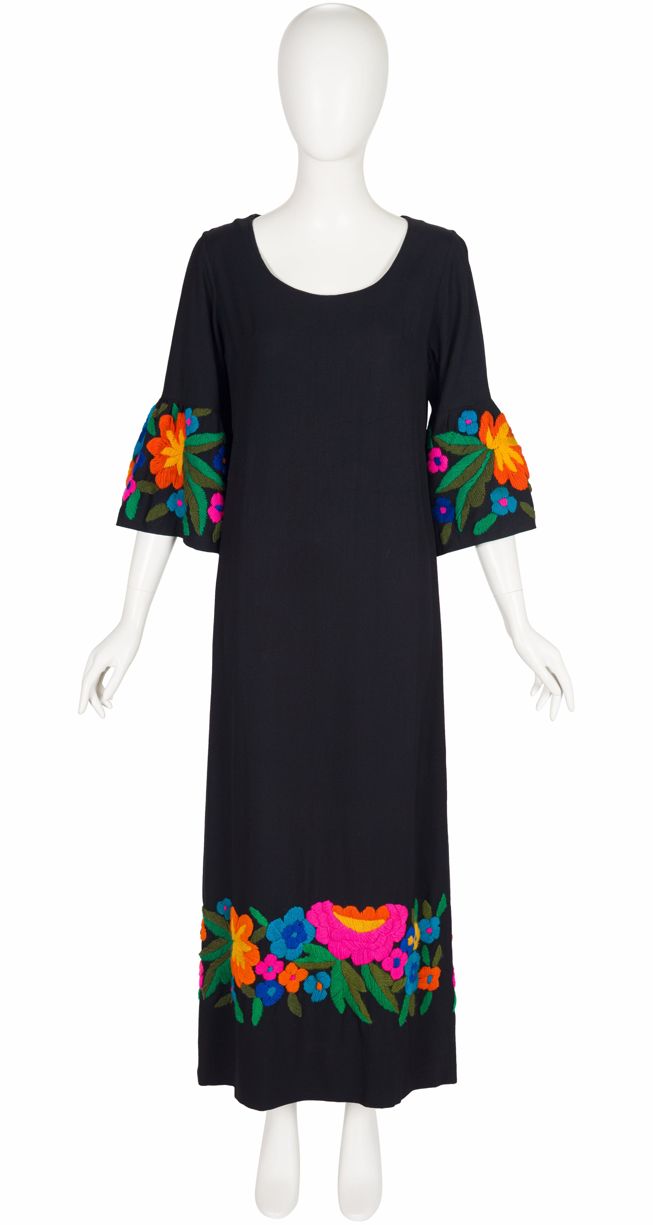 1970s Floral Yarn Embroidered Black Maxi Dress