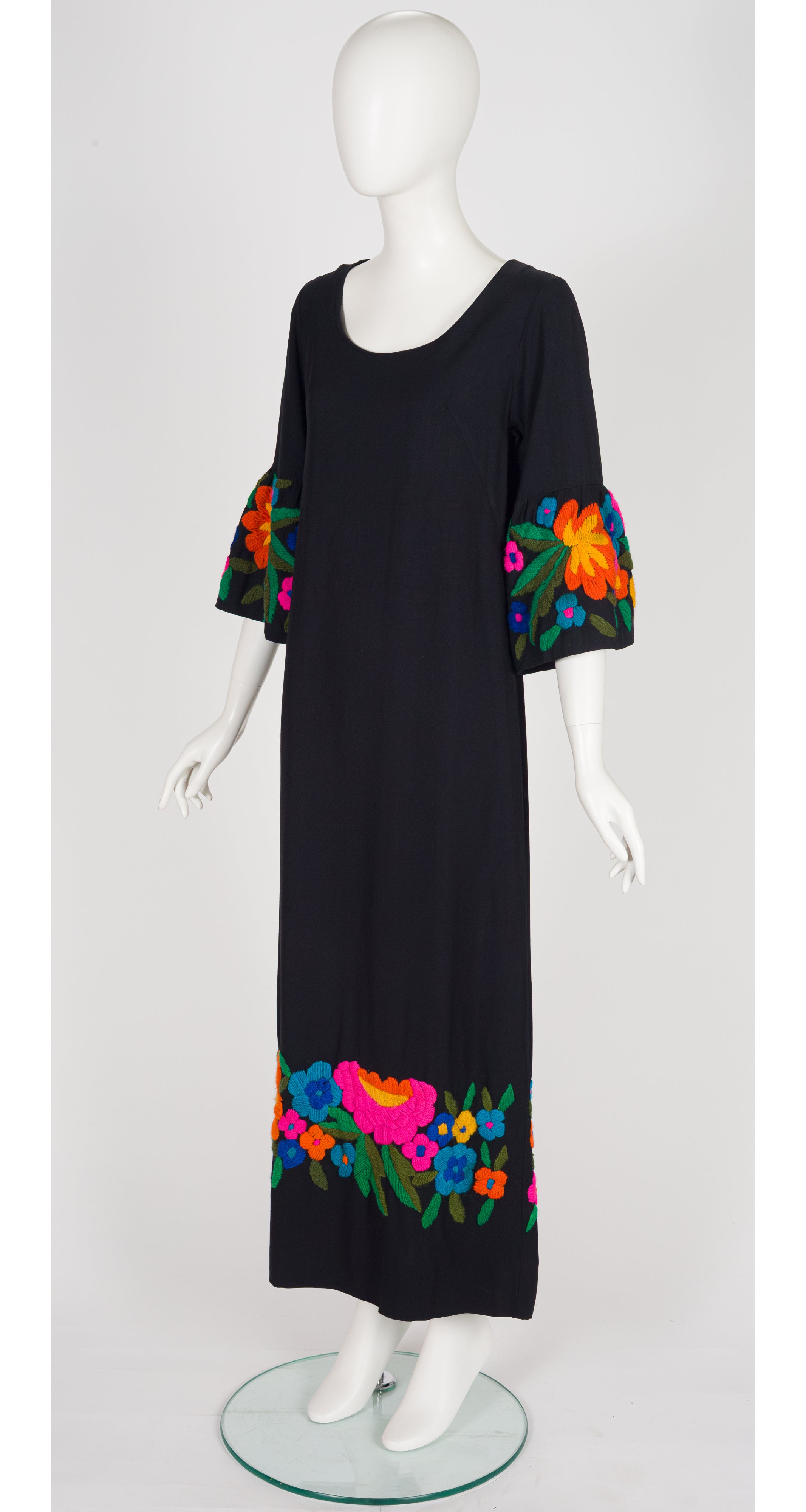 1970s Floral Yarn Embroidered Black Maxi Dress