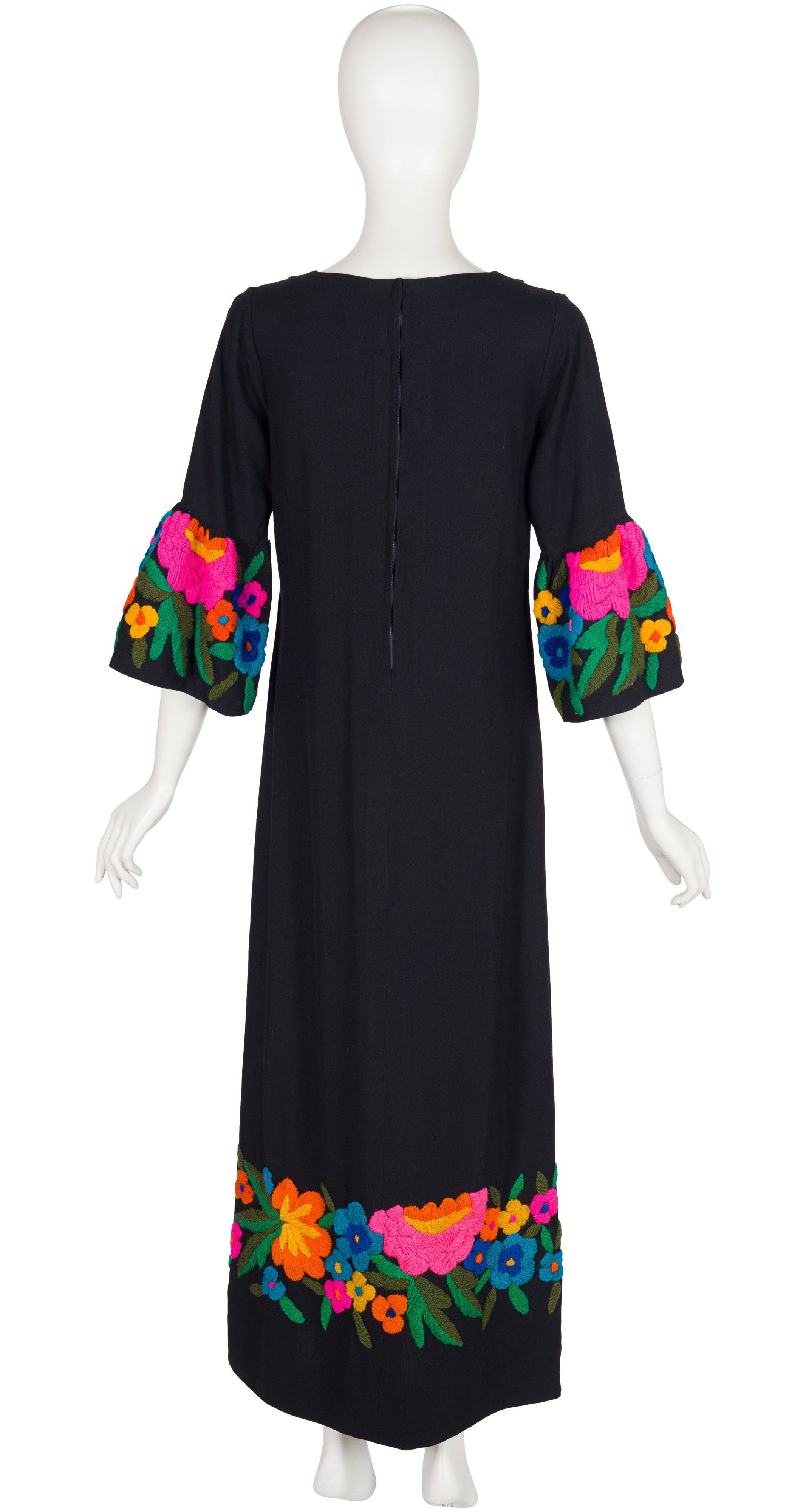 1970s Floral Yarn Embroidered Black Maxi Dress