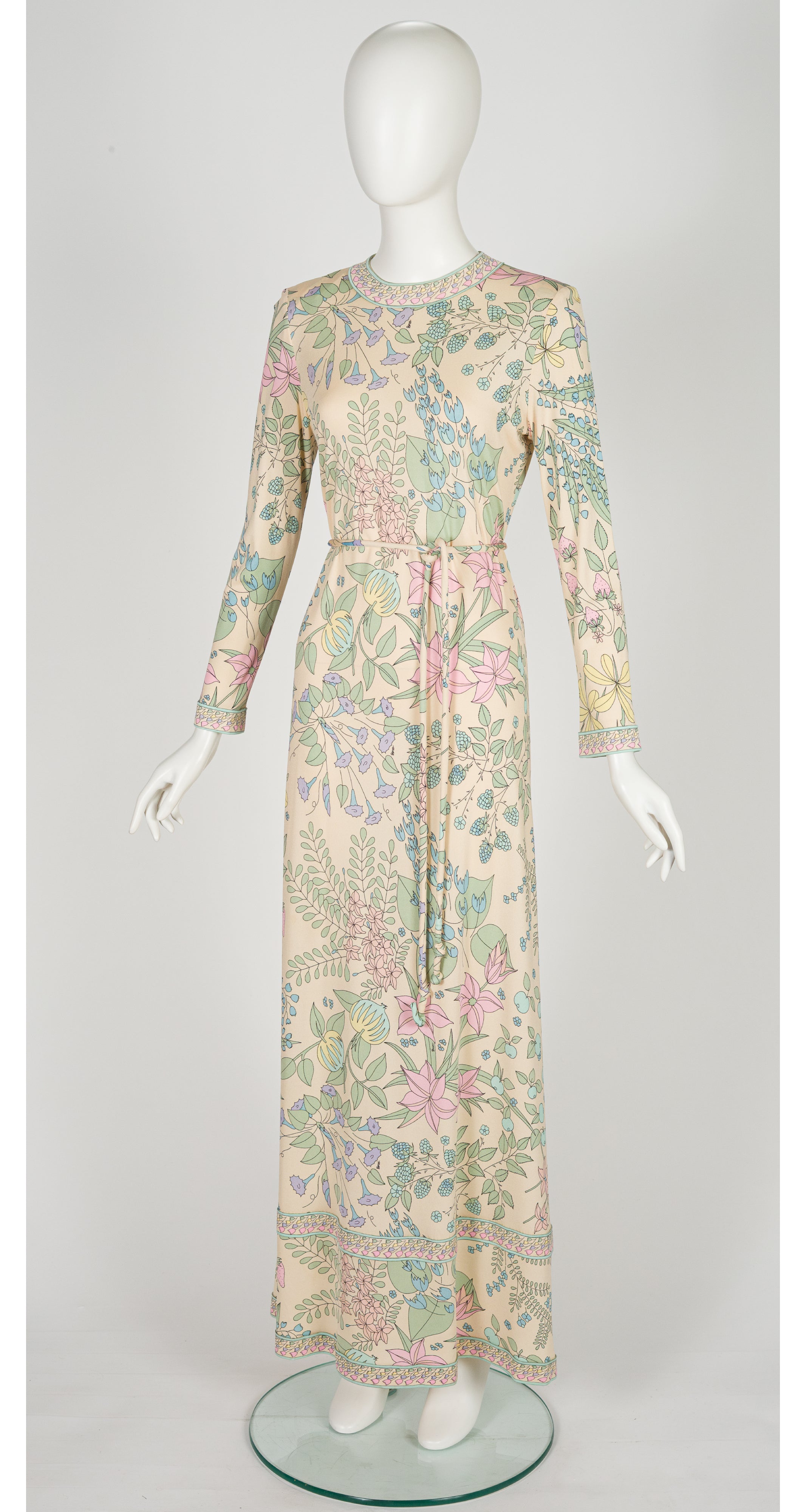 1970s Pastel Floral Berry Print Silk Jersey Maxi Dress