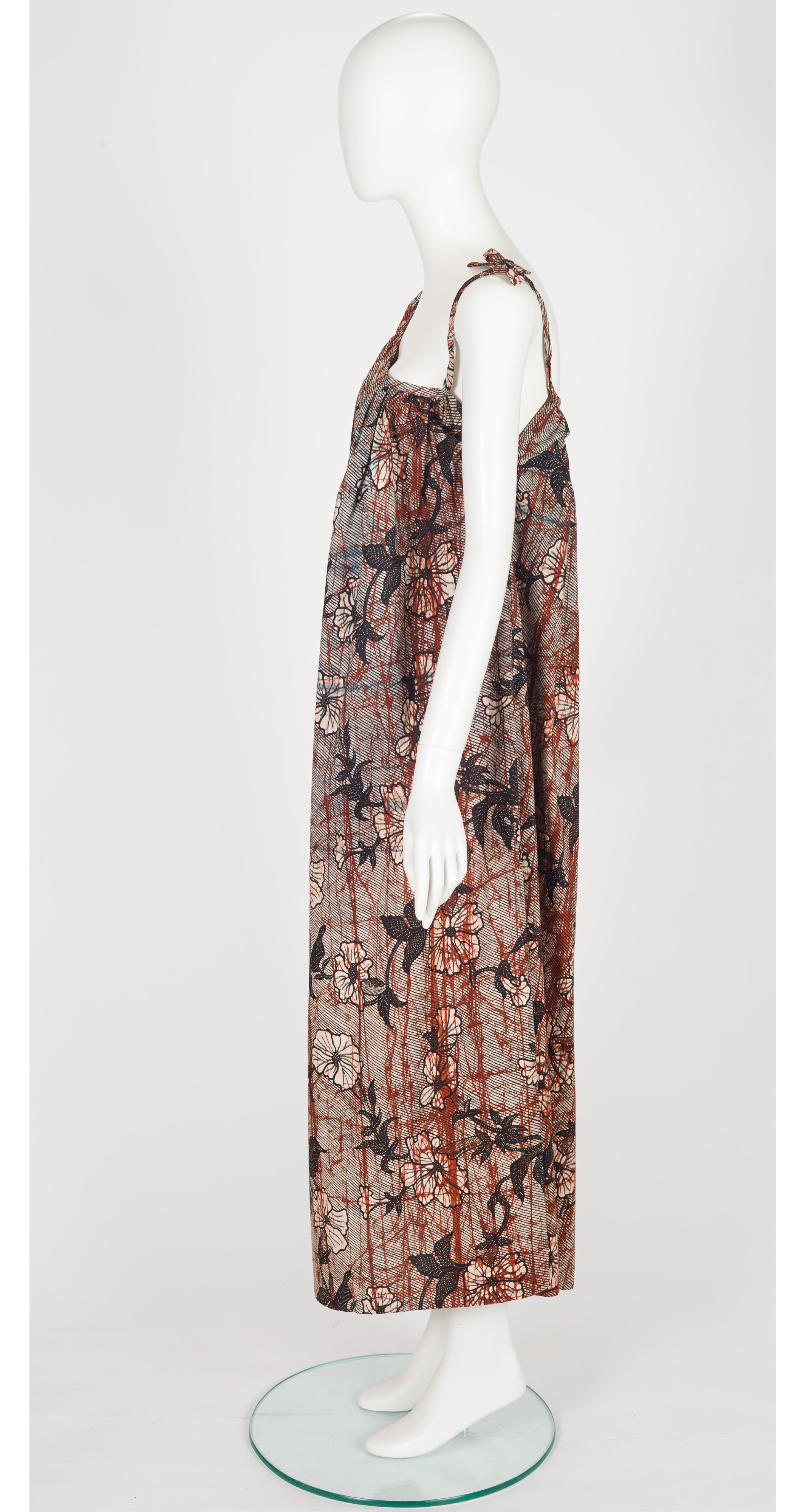 1977 S/S Batik Print Cotton One-Shoulder Maxi Dress