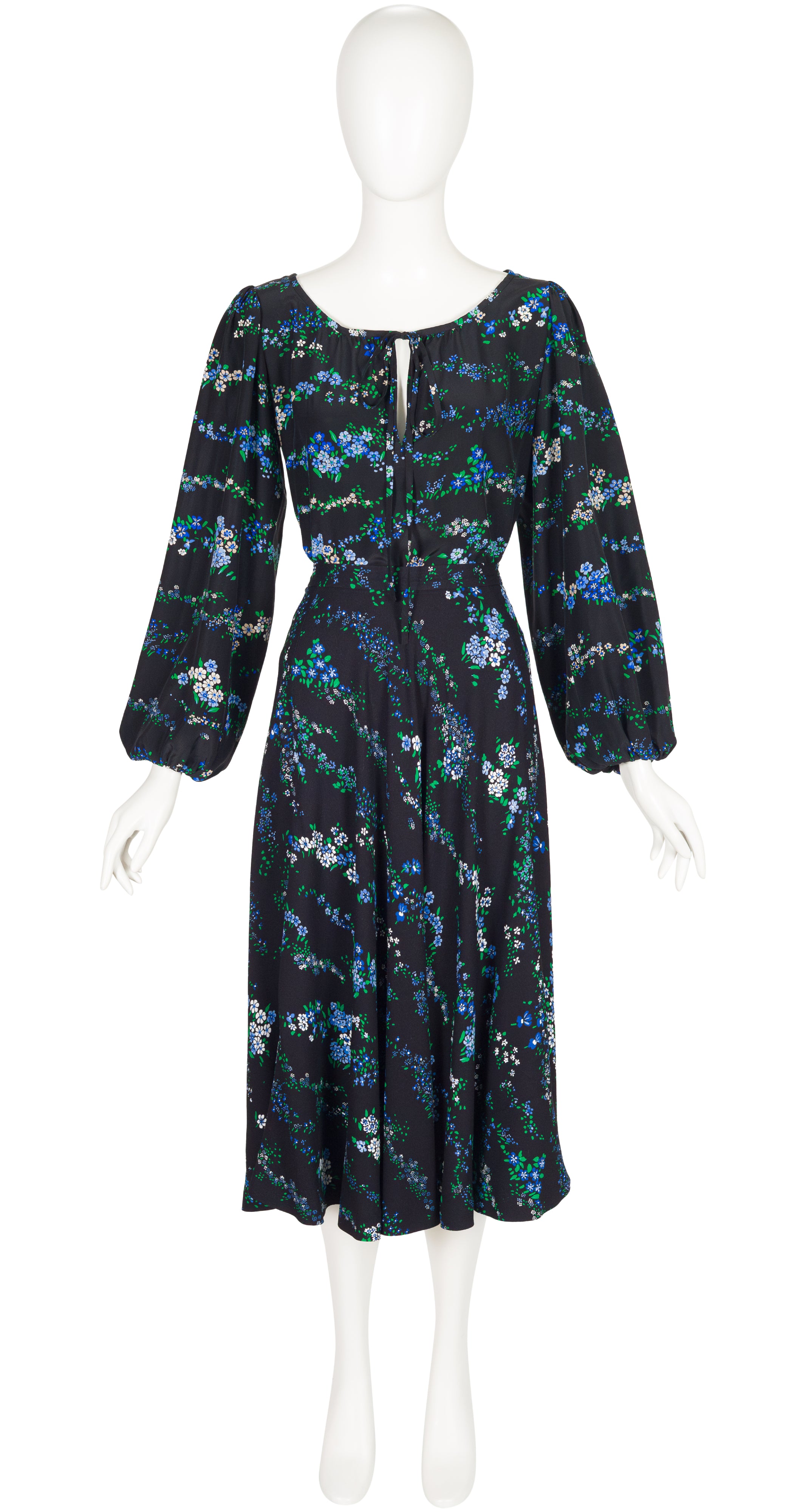 1977 S/S Blue & Black Floral Print Silk Peasant Set