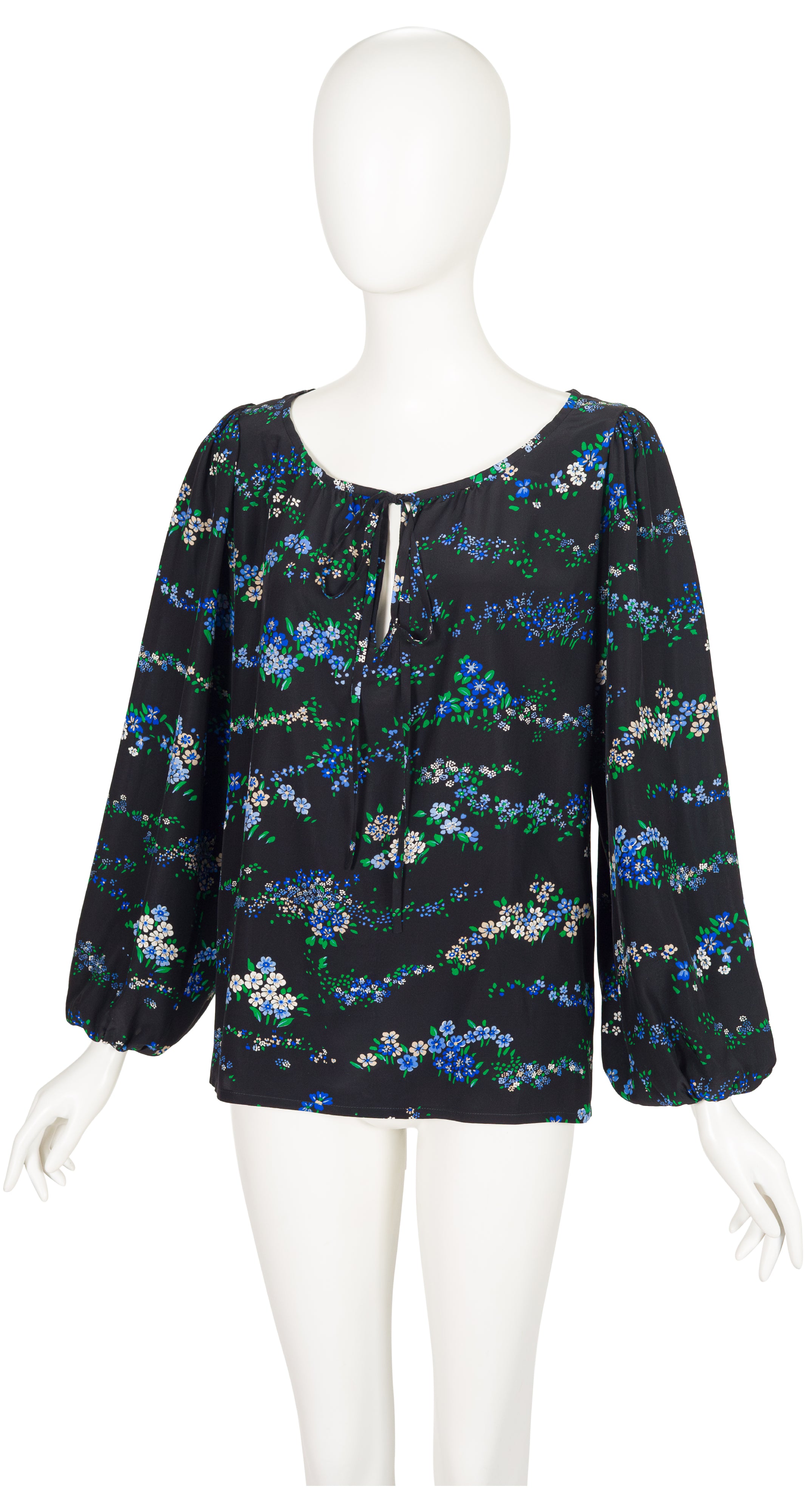 1977 S/S Blue & Black Floral Print Silk Peasant Set