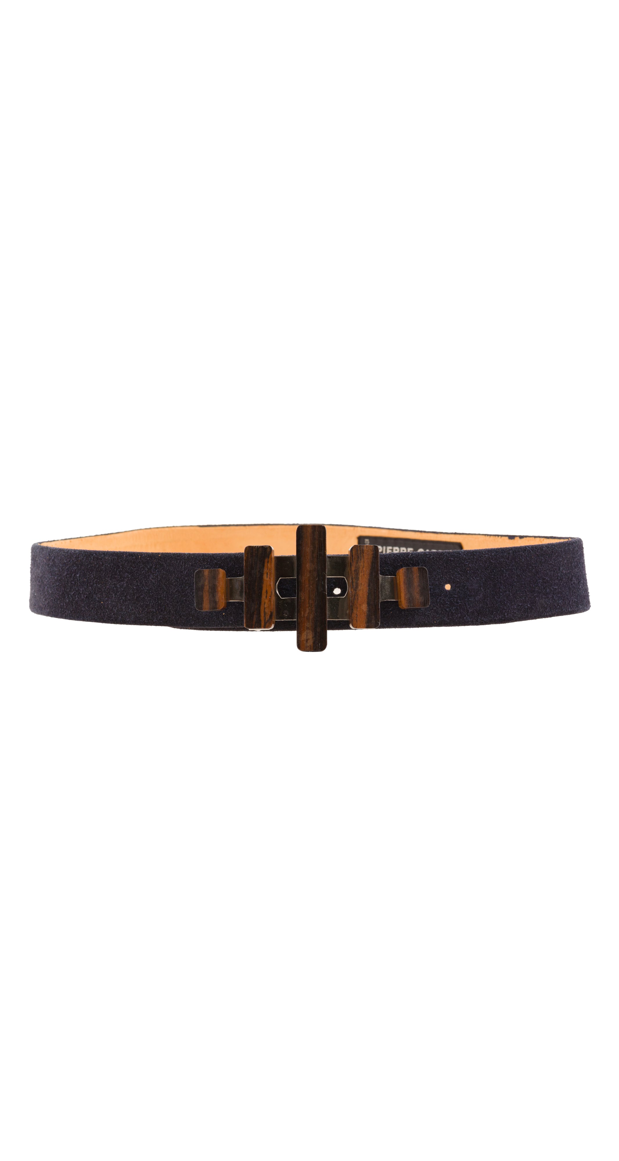 1970s Modernist Wood & Chrome Buckle Navy Suede Belt
