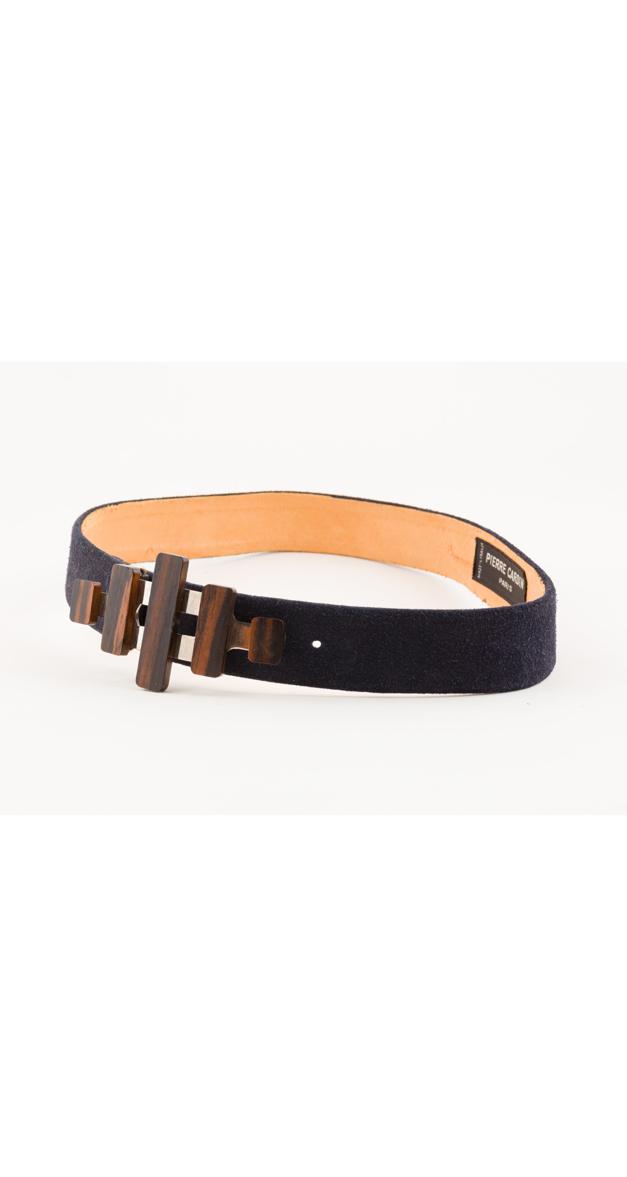1970s Modernist Wood & Chrome Buckle Navy Suede Belt