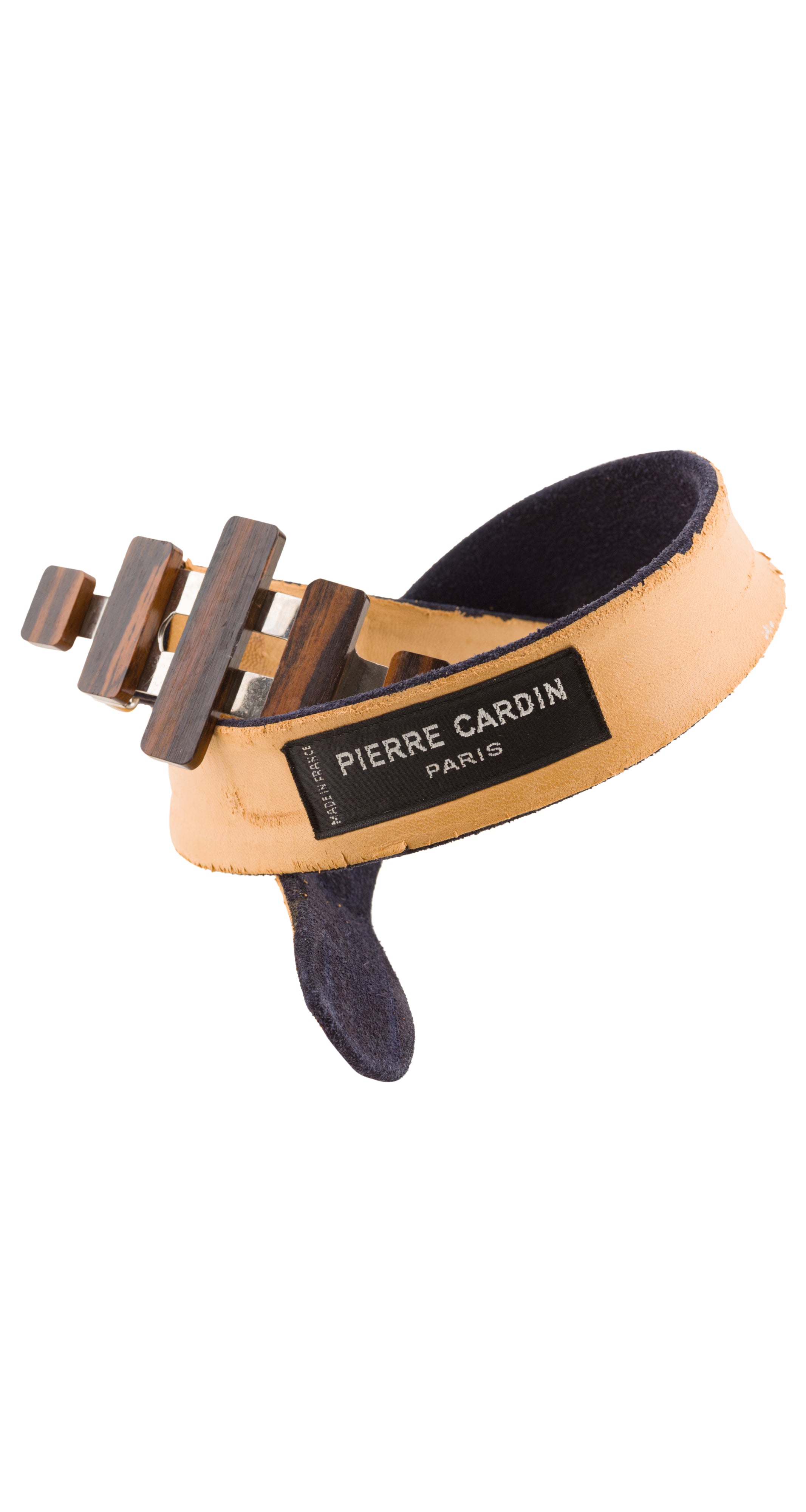 1970s Modernist Wood & Chrome Buckle Navy Suede Belt