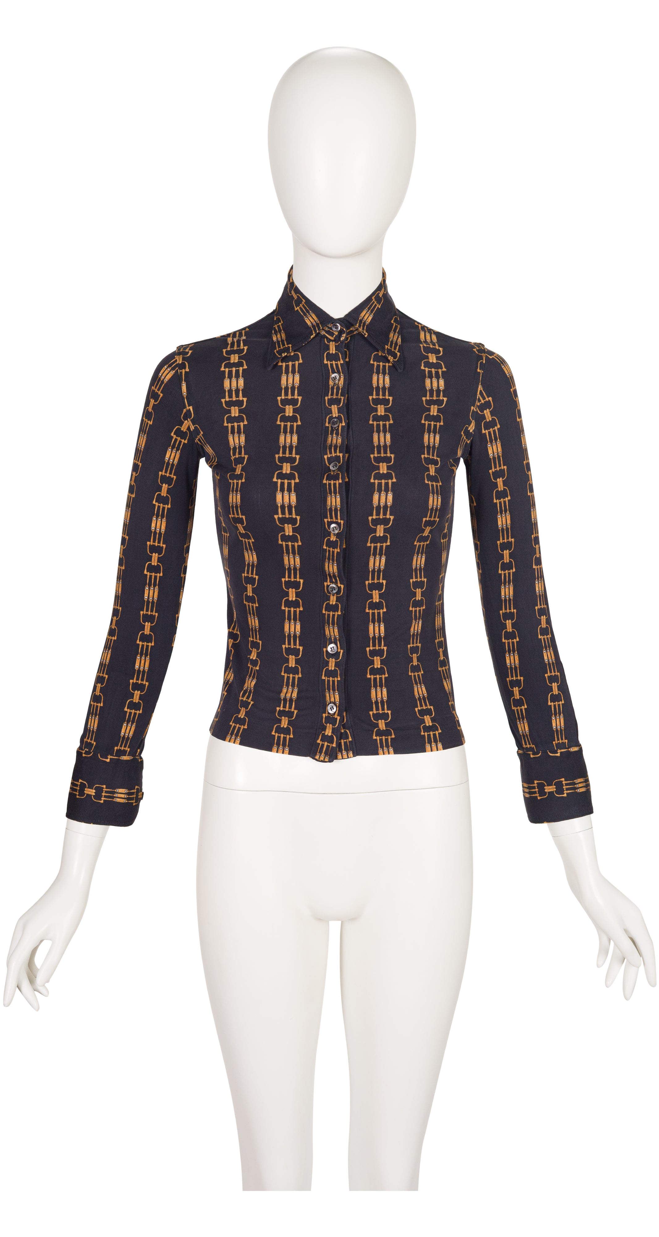 1973 Horsebit Print Black Silk Jersey Button-Up Shirt