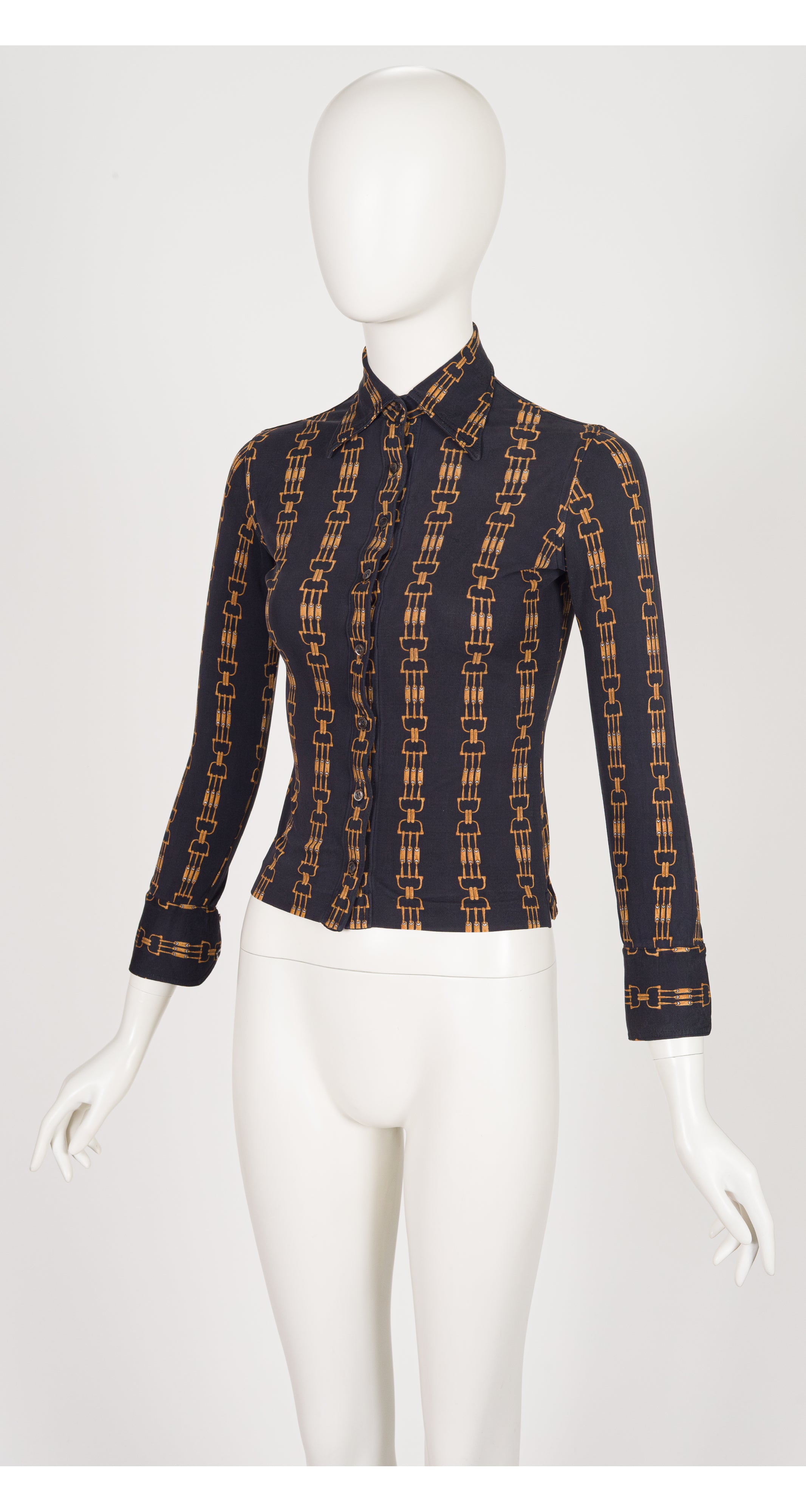 1973 Horsebit Print Black Silk Jersey Button-Up Shirt