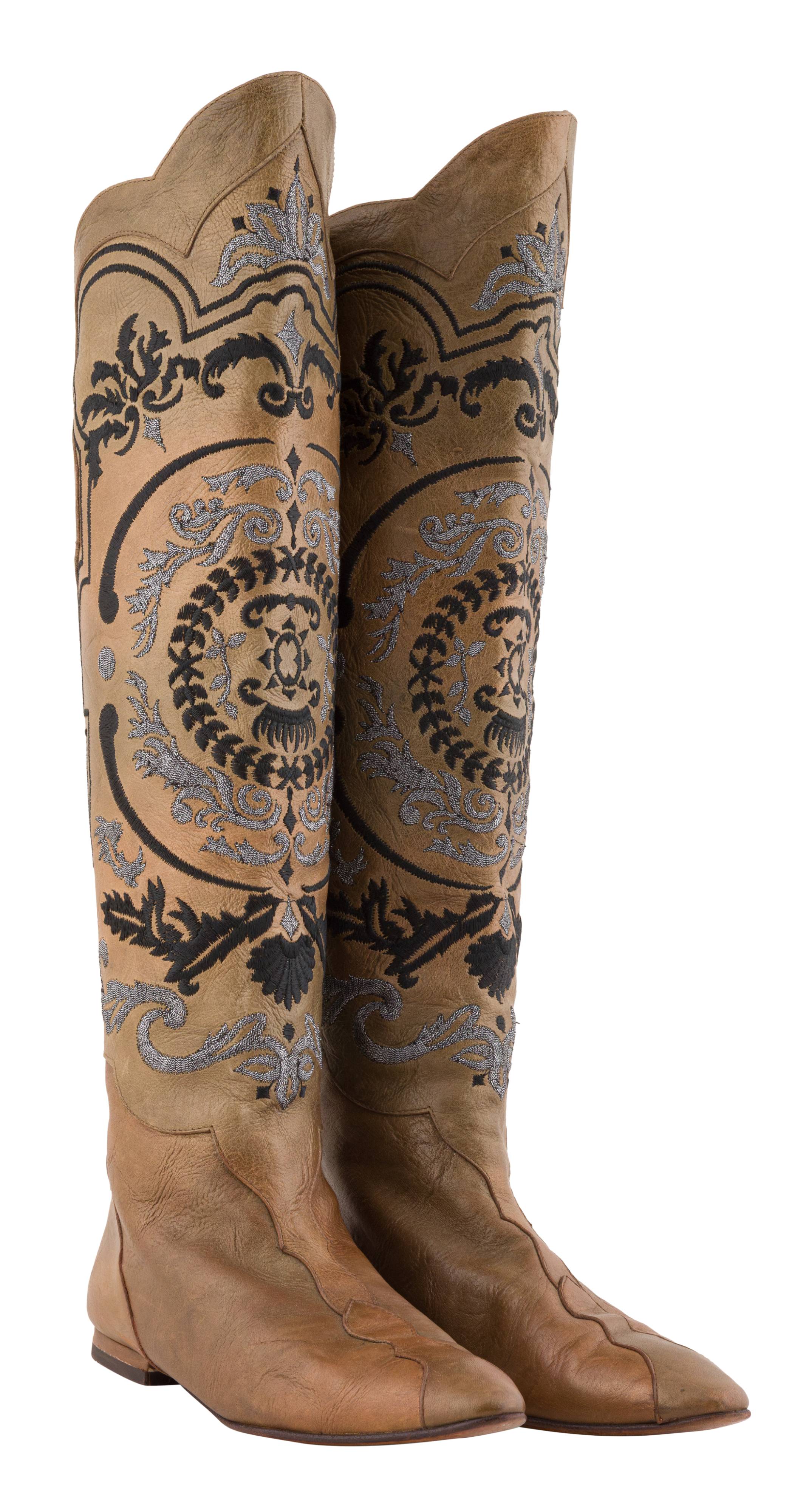1980s Embroidered Metallic Leather Pointed Toe Boots