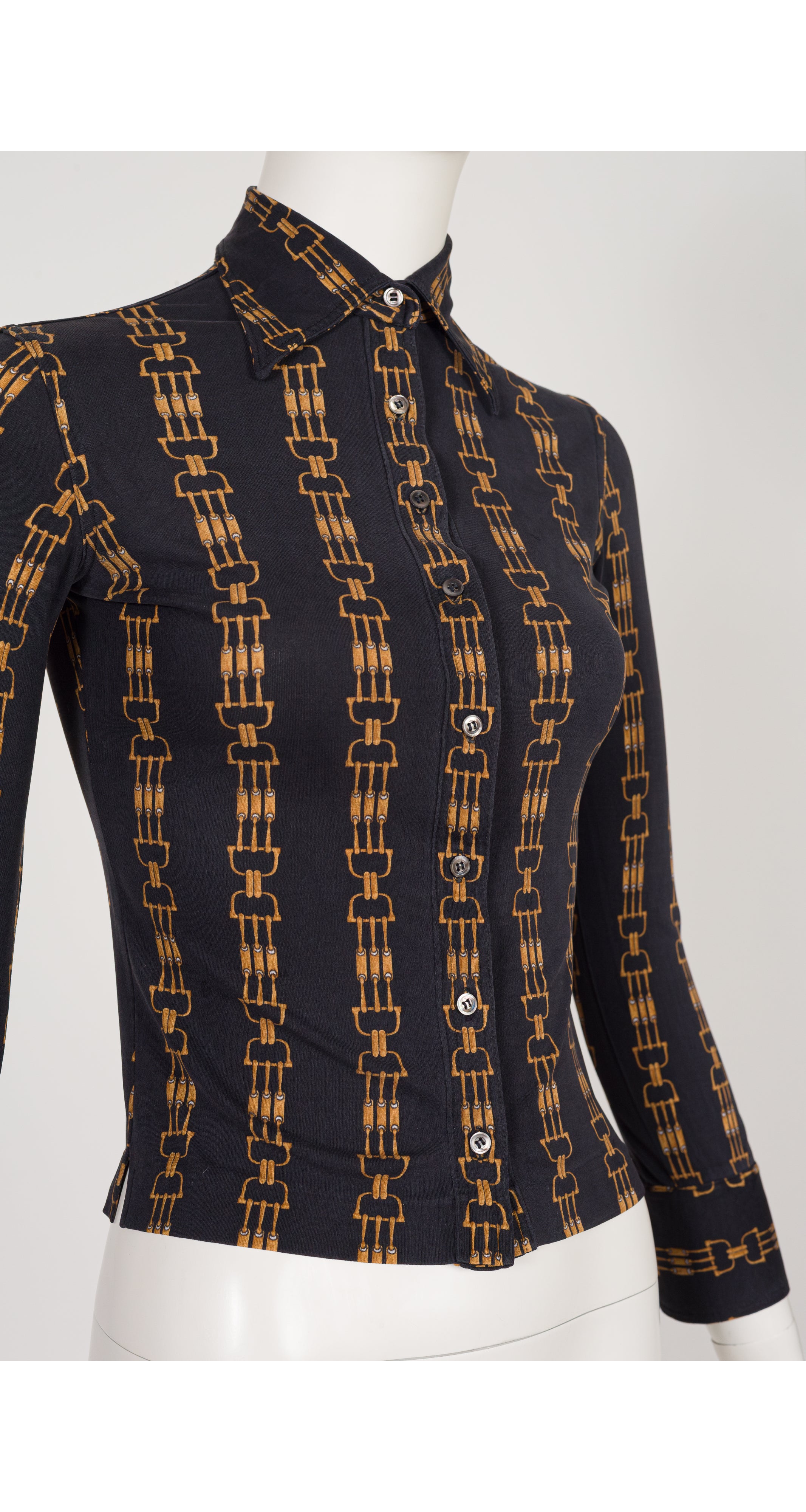 1973 Horsebit Print Black Silk Jersey Button-Up Shirt