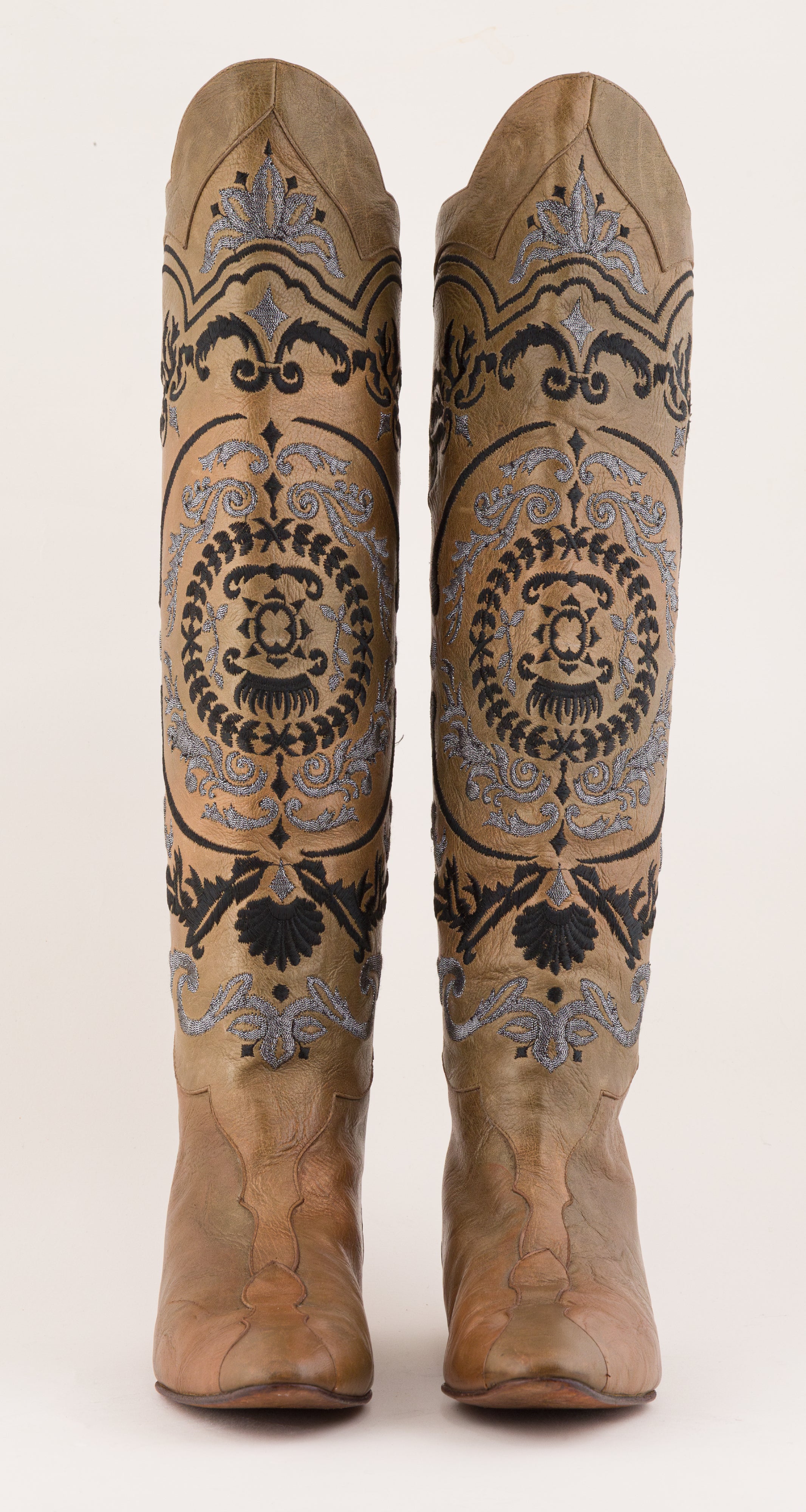 1980s Embroidered Metallic Leather Pointed Toe Boots