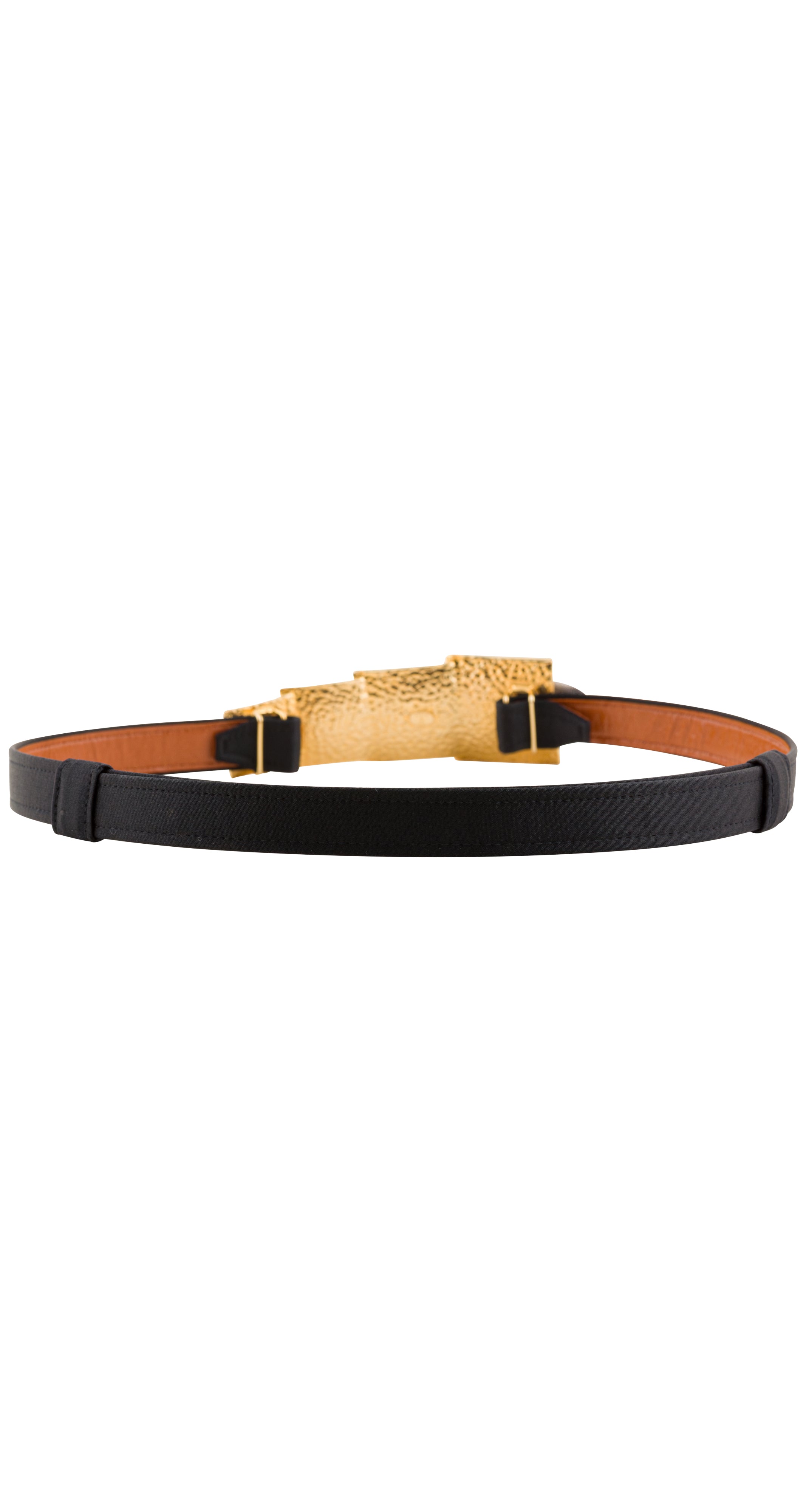 1980s Gold Buckle Black Silk Satin Adjustable Belt