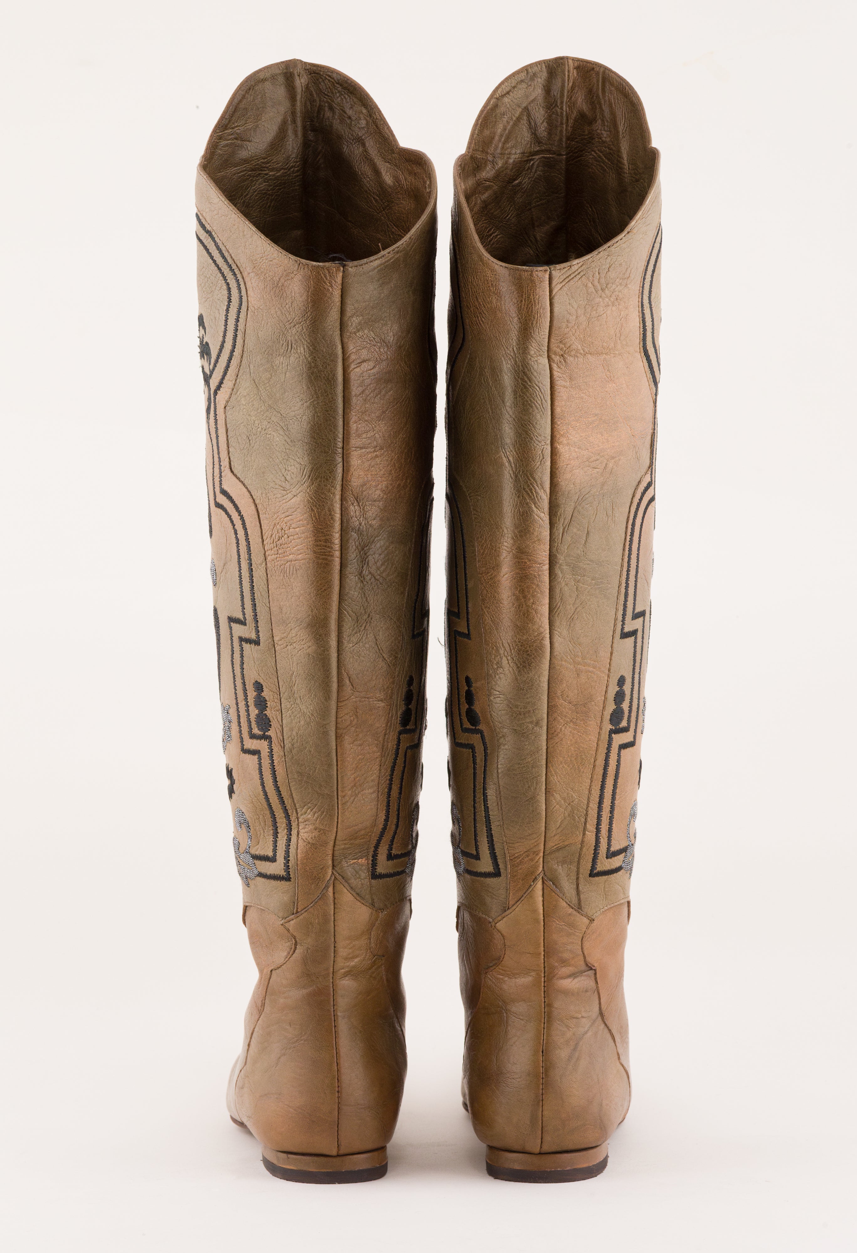 1980s Embroidered Metallic Leather Pointed Toe Boots