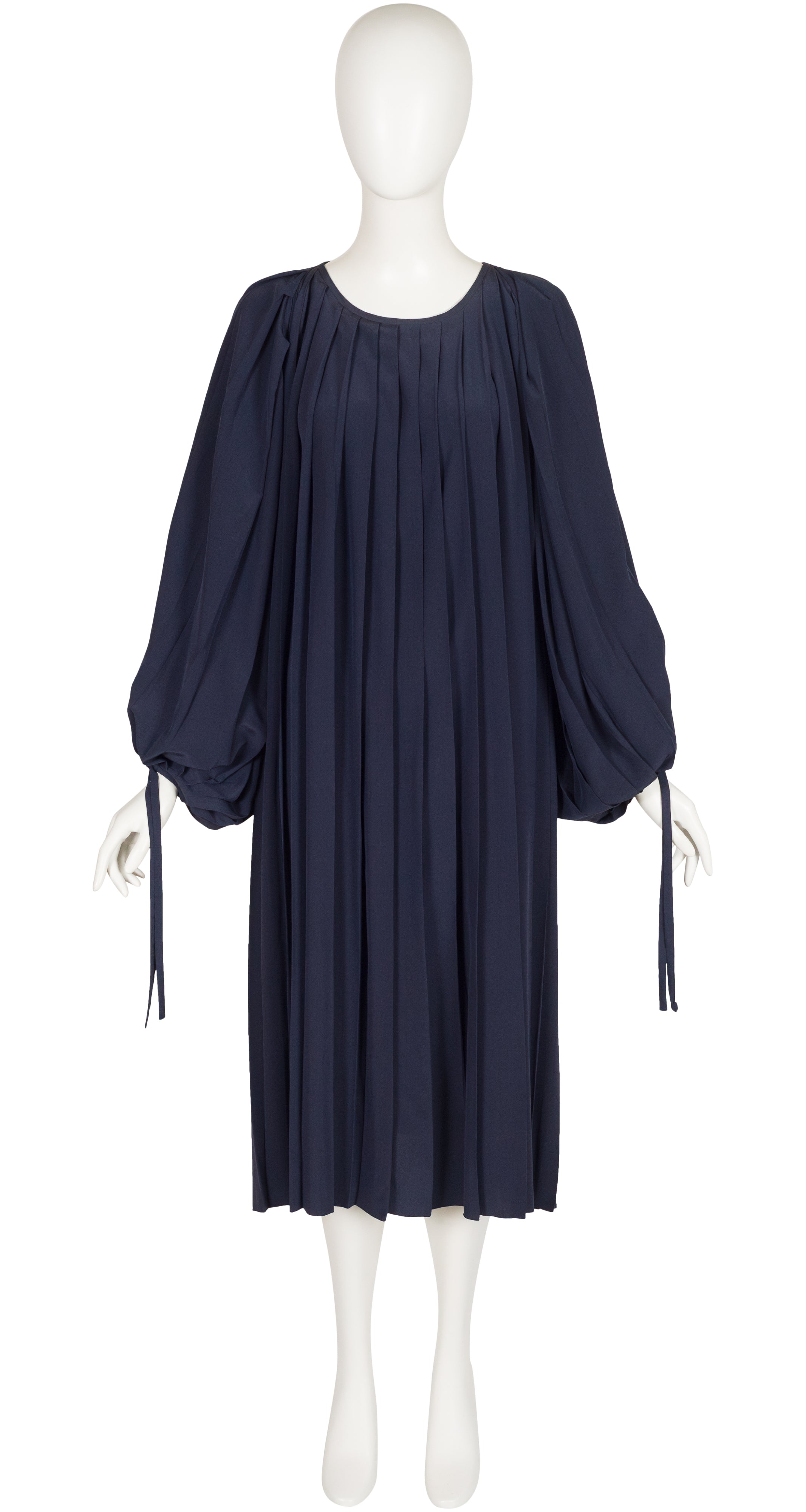 1970s Navy Blue Silk Pleated Balloon Sleeve Dress