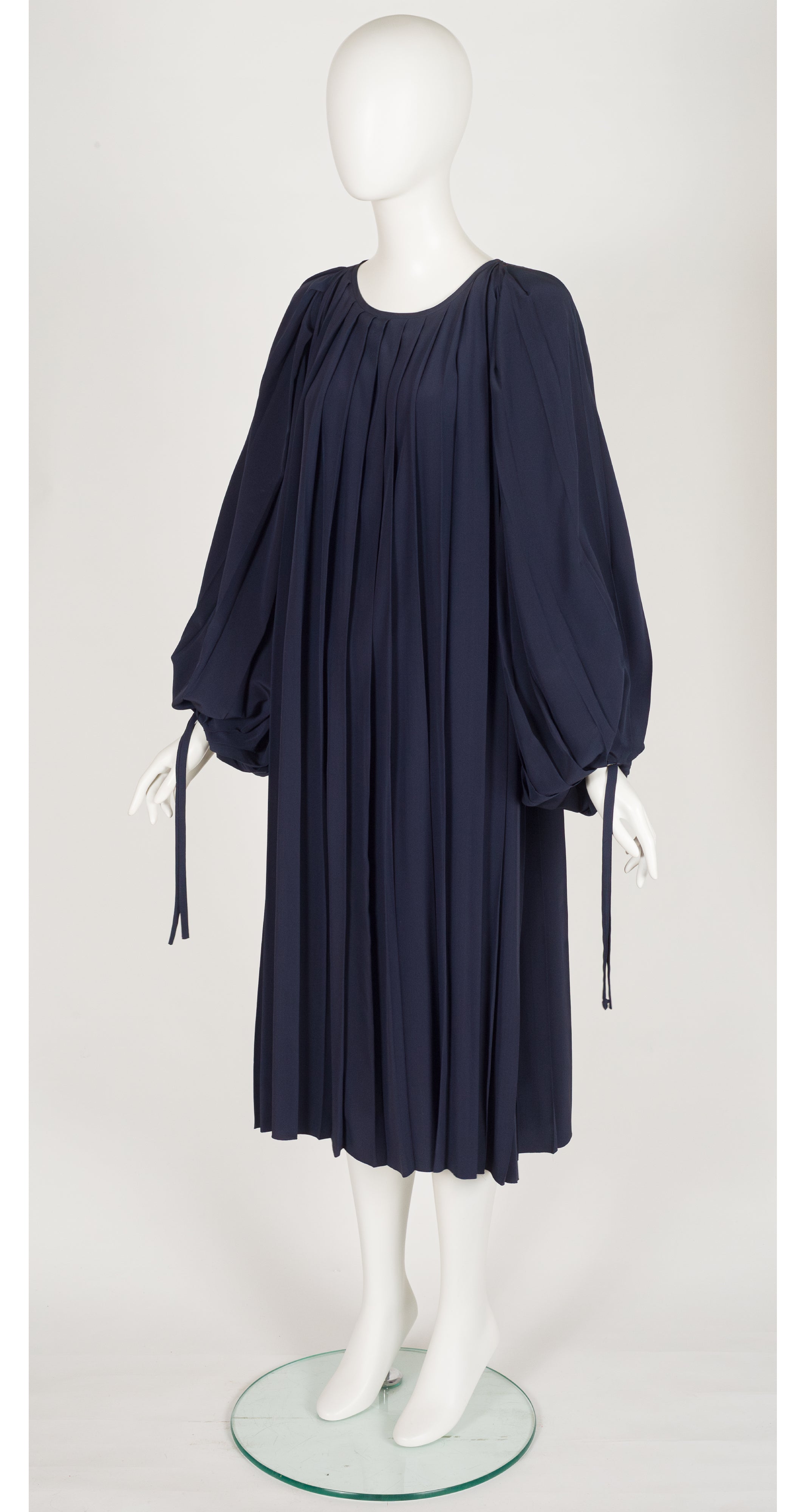 1970s Navy Blue Silk Pleated Balloon Sleeve Dress