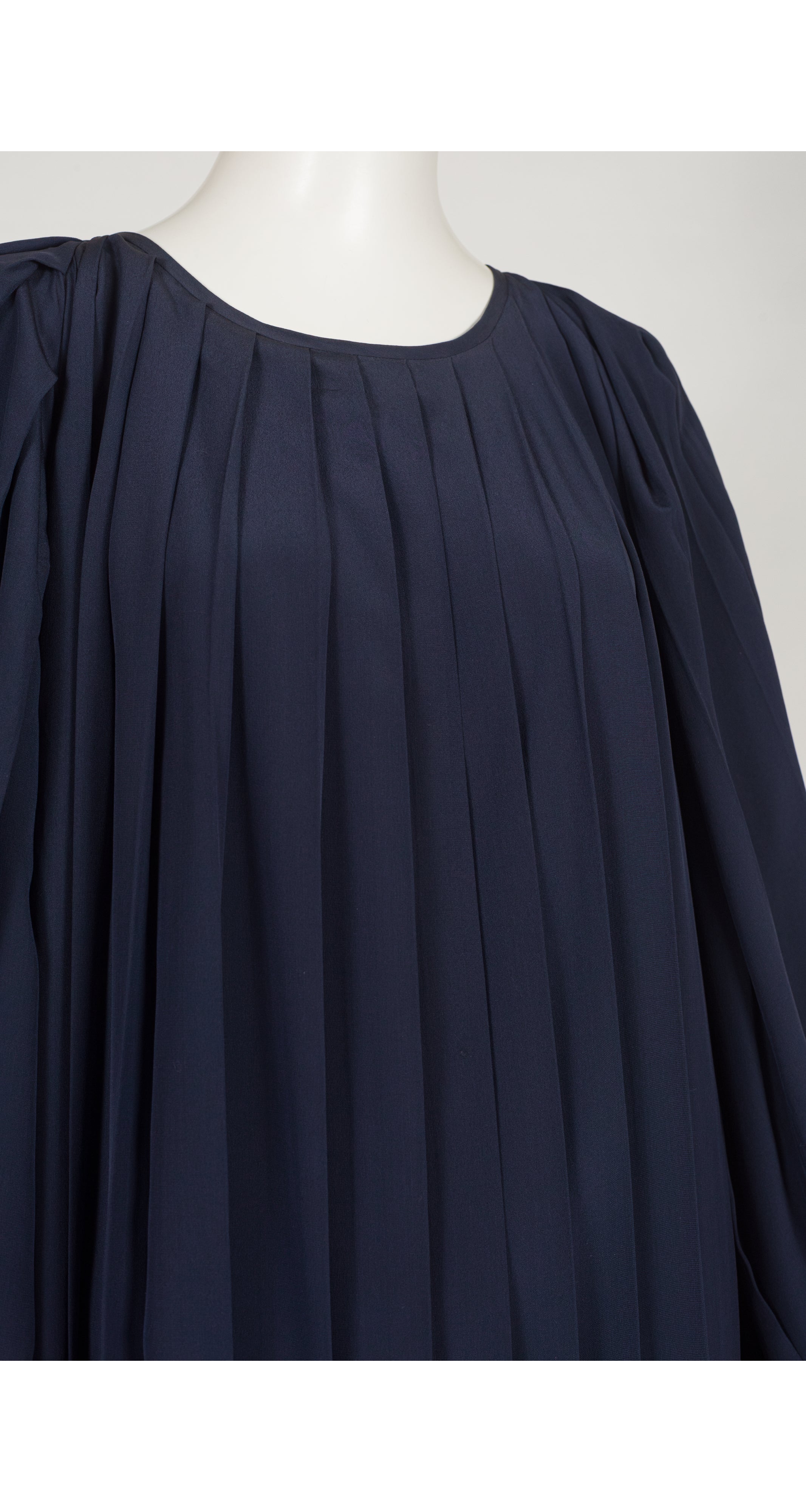 1970s Navy Blue Silk Pleated Balloon Sleeve Dress