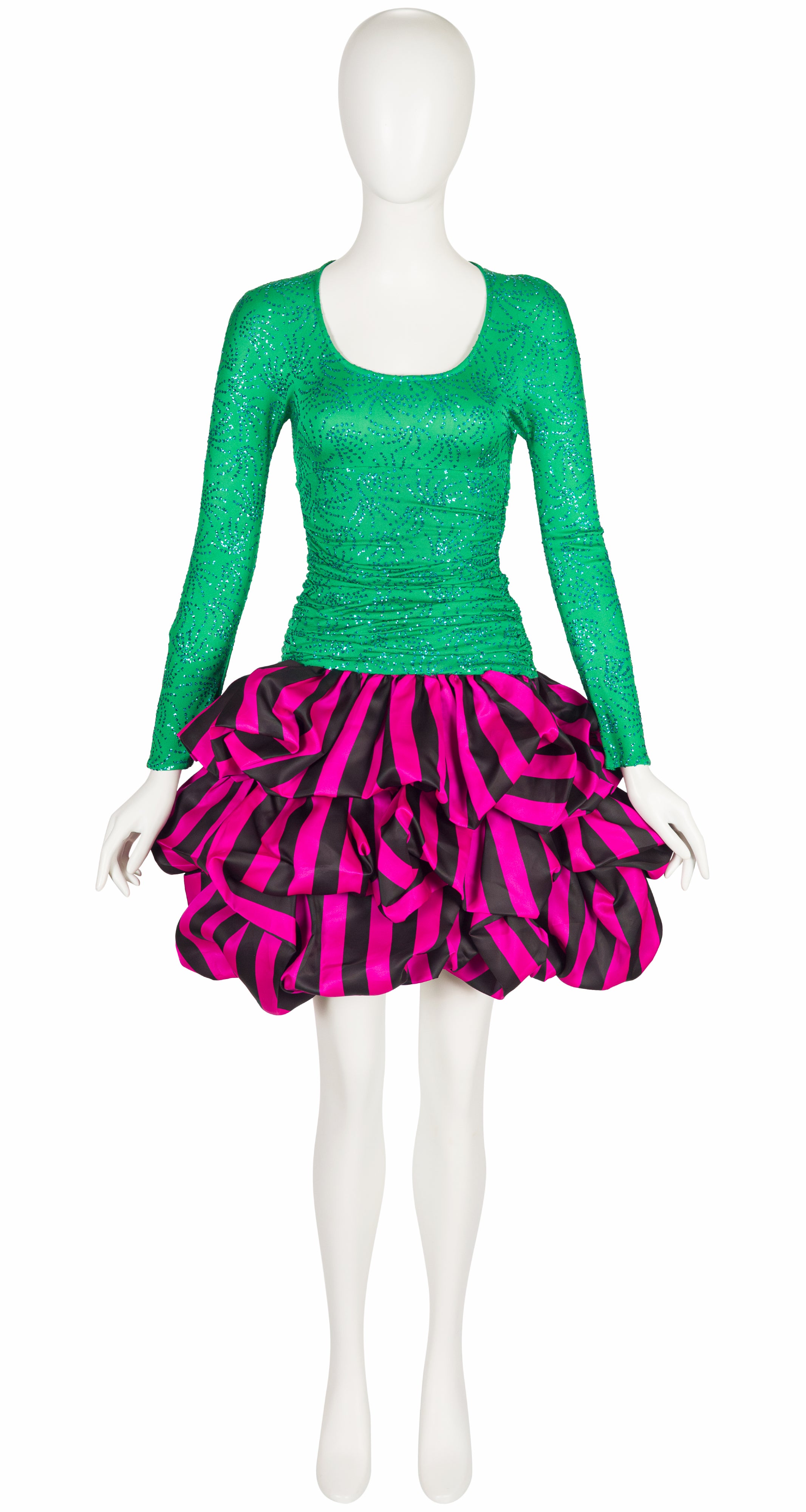 1980s Green & Fuchsia Organza Bubble Hem Party Dress