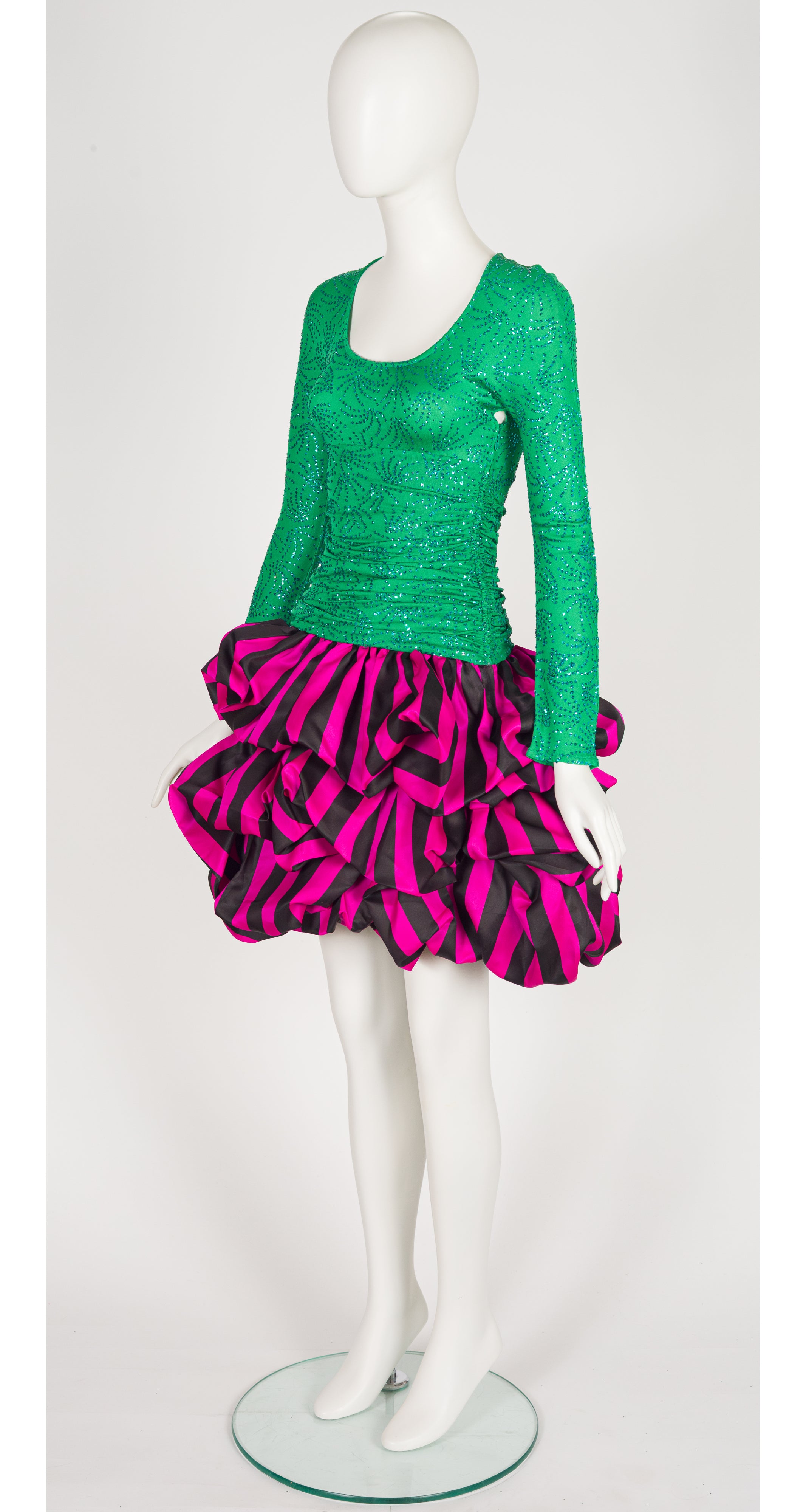 1980s Green & Fuchsia Organza Bubble Hem Party Dress