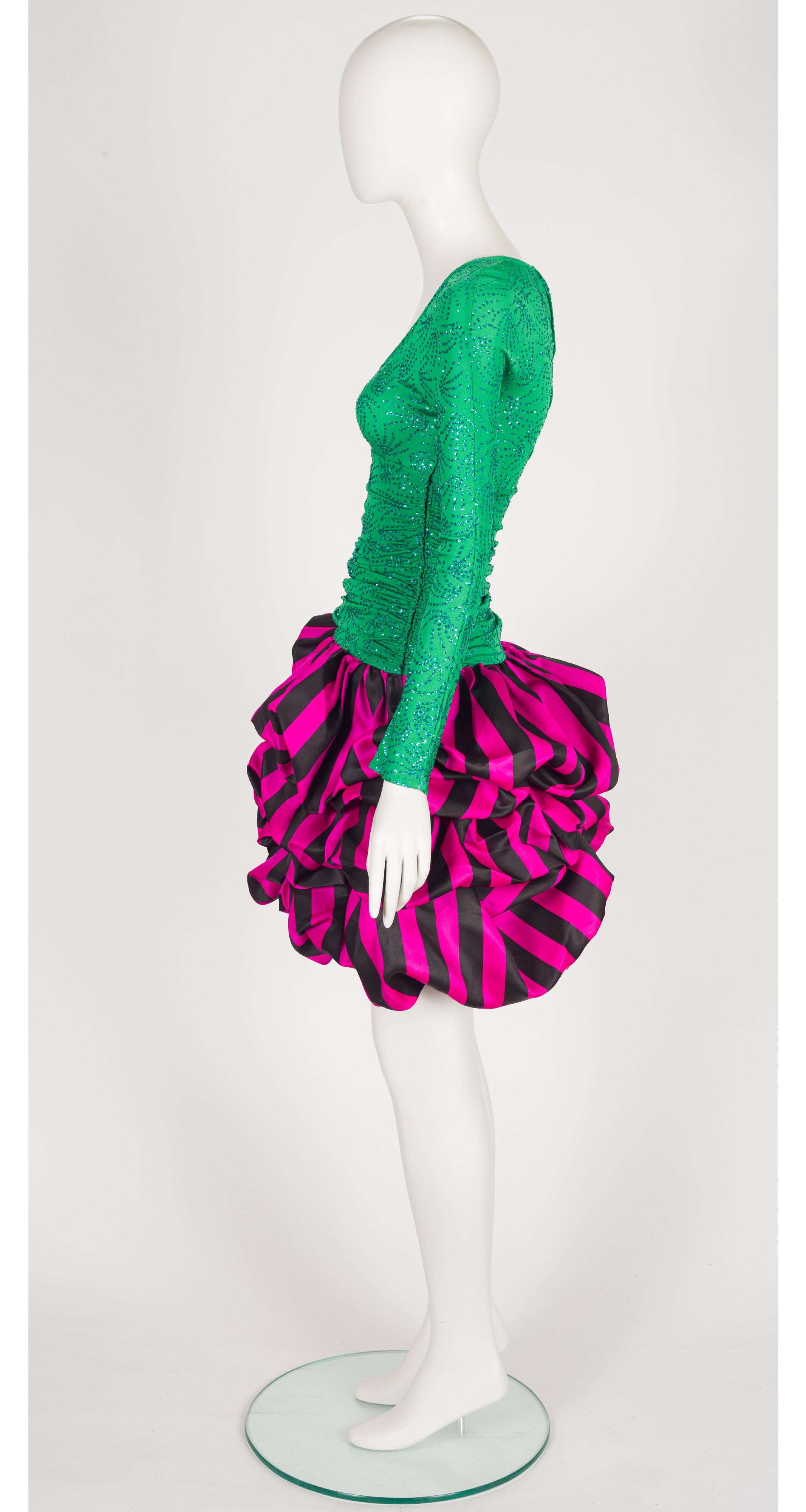 1980s Green & Fuchsia Organza Bubble Hem Party Dress