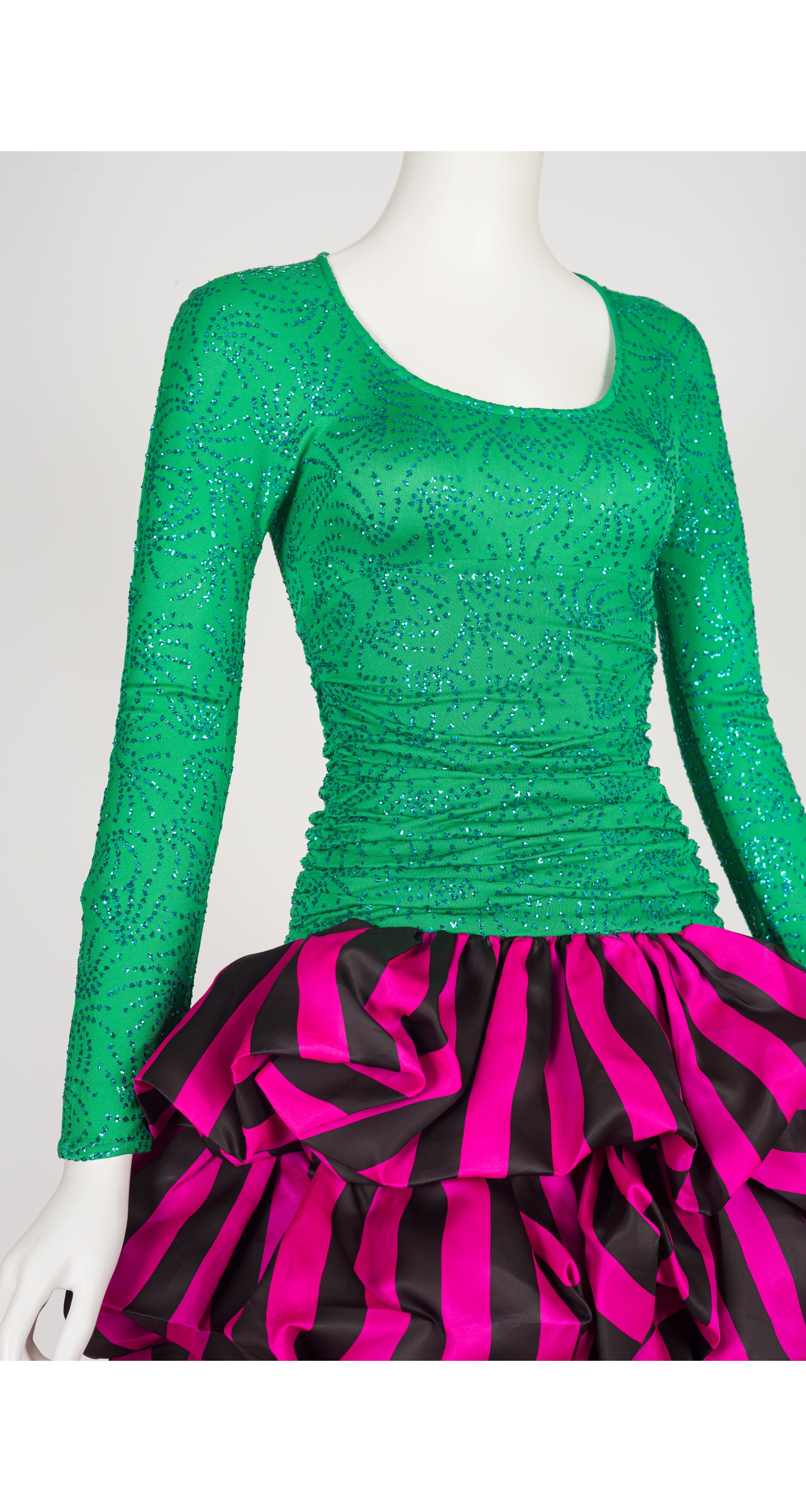 1980s Green & Fuchsia Organza Bubble Hem Party Dress