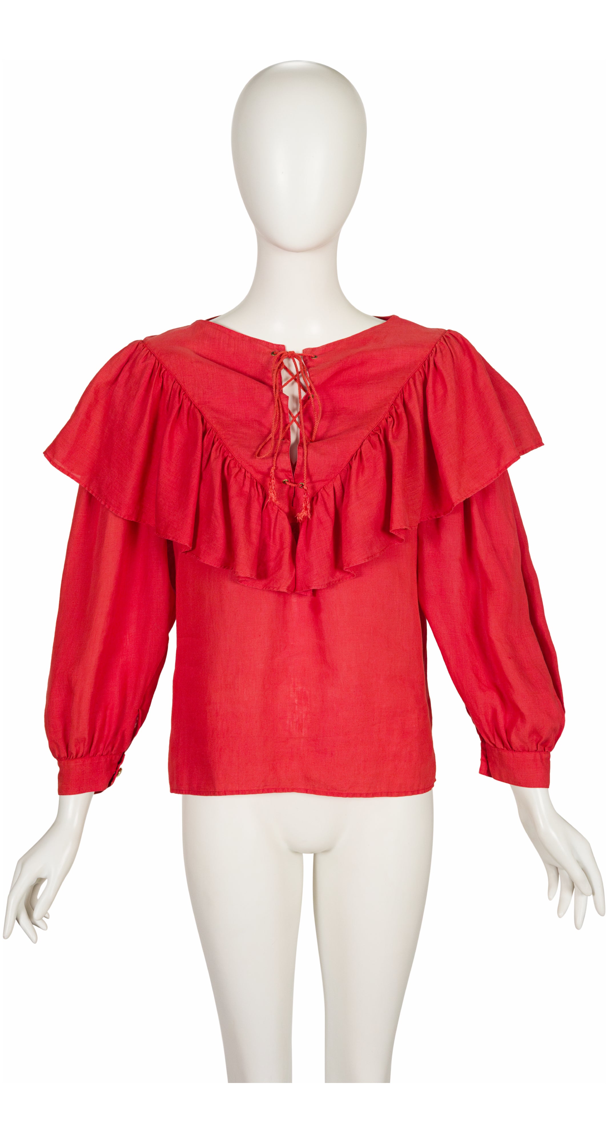 1982 S/S Red Linen Ruffle Lace-Up Top