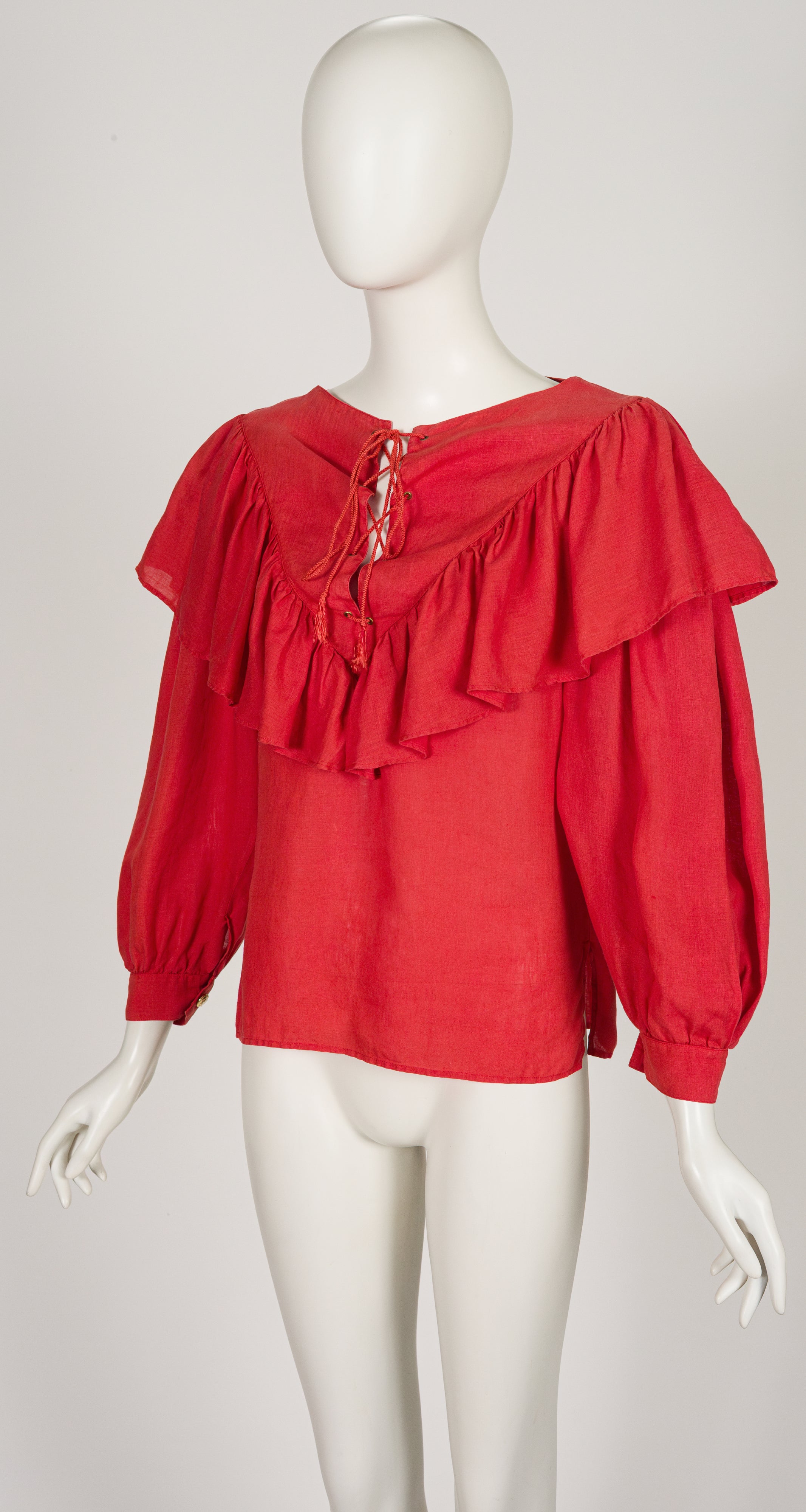 1982 S/S Red Linen Ruffle Lace-Up Top
