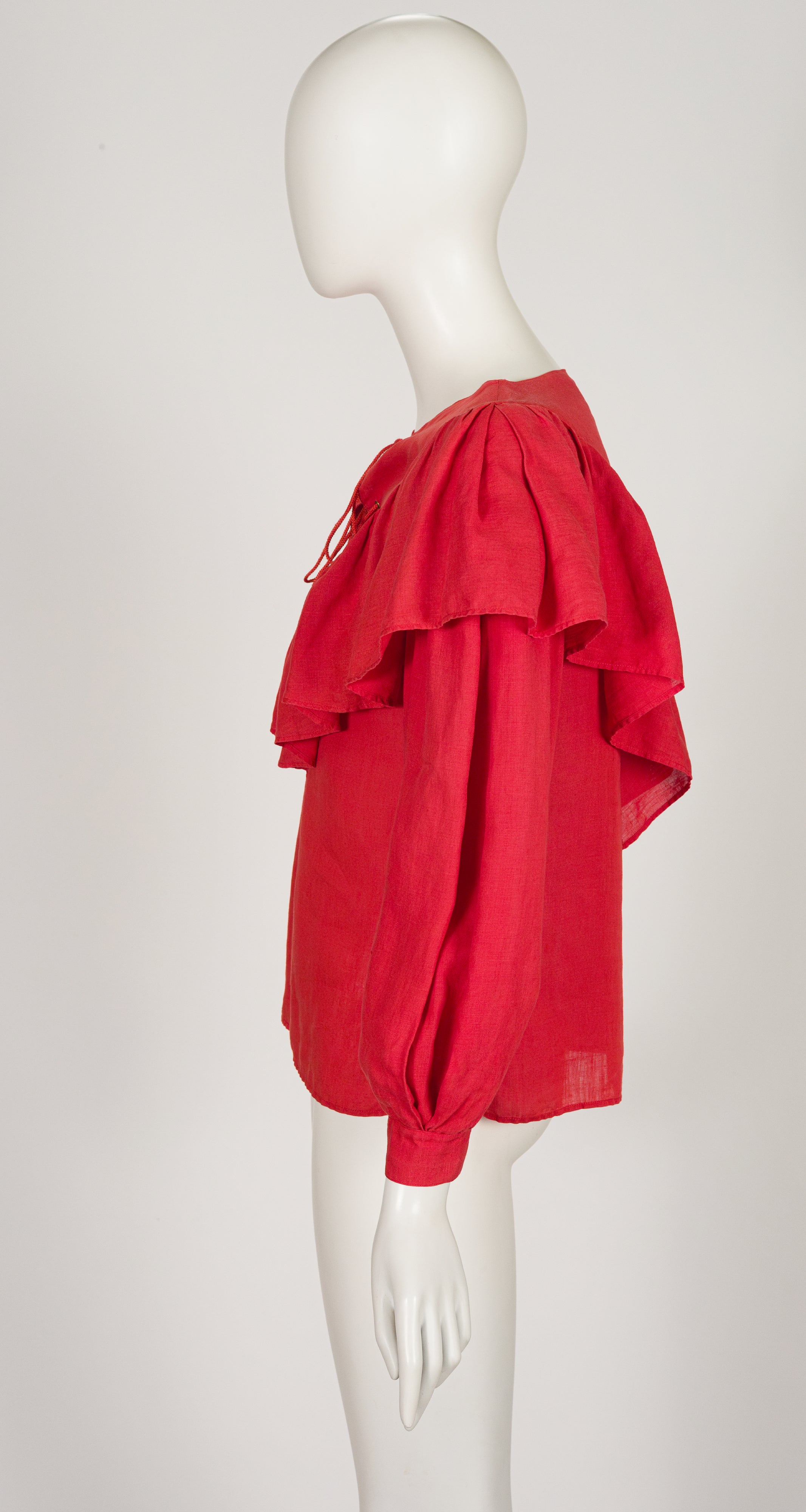 1982 S/S Red Linen Ruffle Lace-Up Top