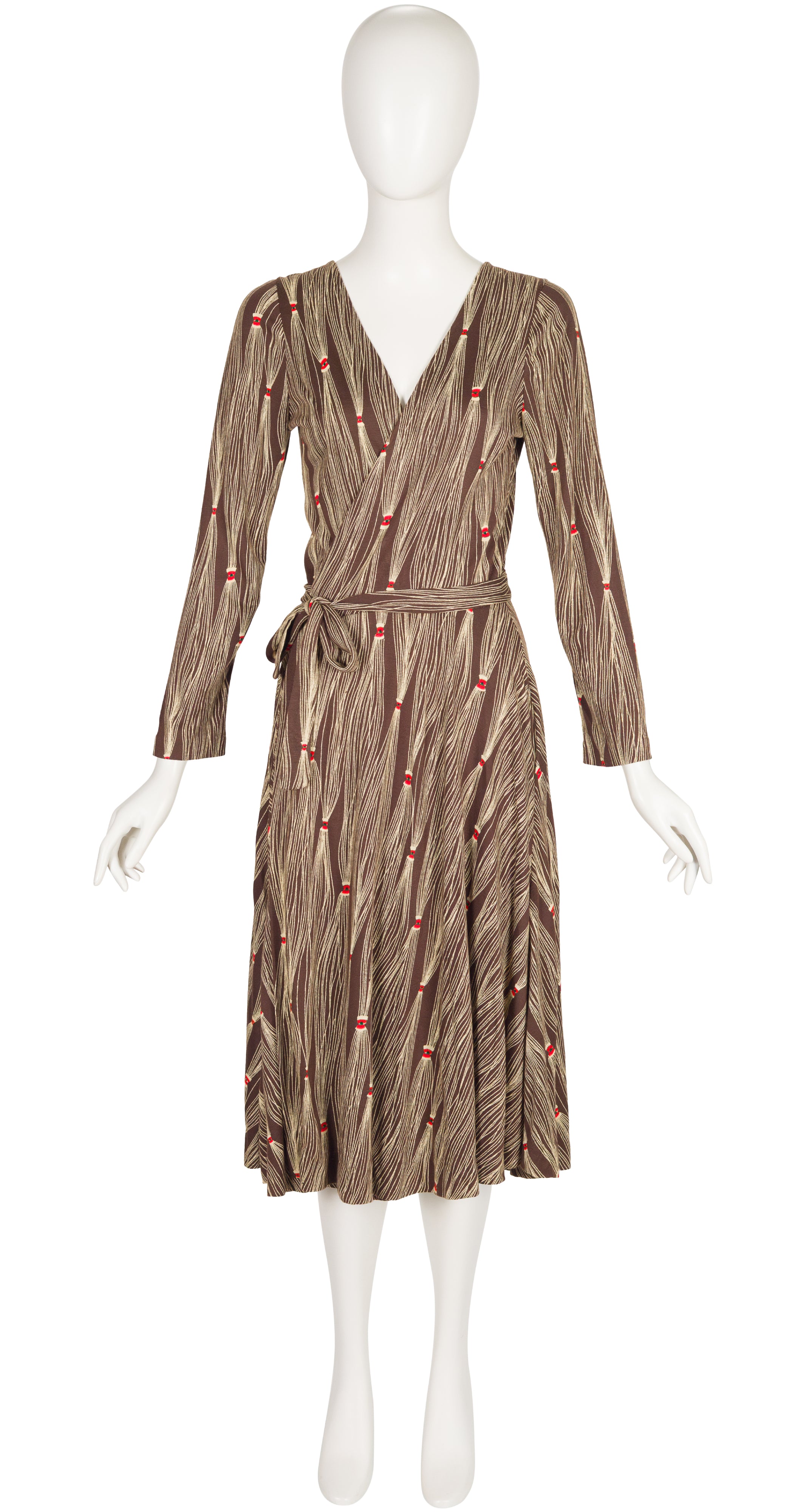 1976 F/W Tassel Print Brown Jersey Midi Wrap Dress