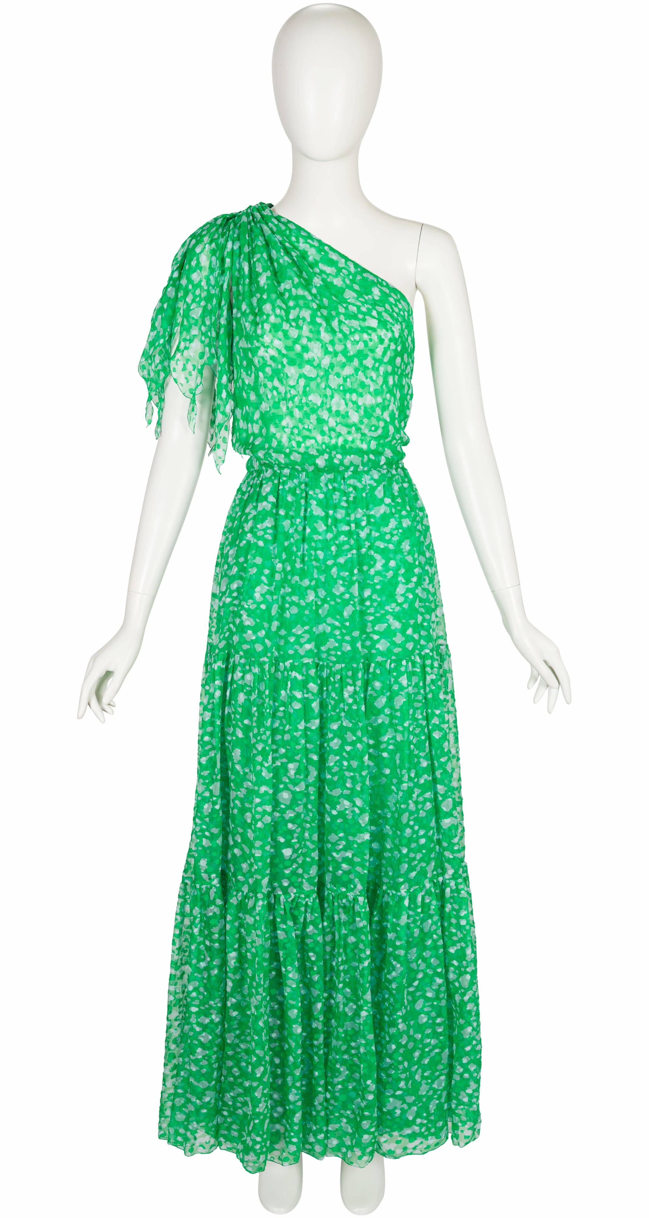 1980s Couture Green Silk Chiffon One-Shoulder Gown