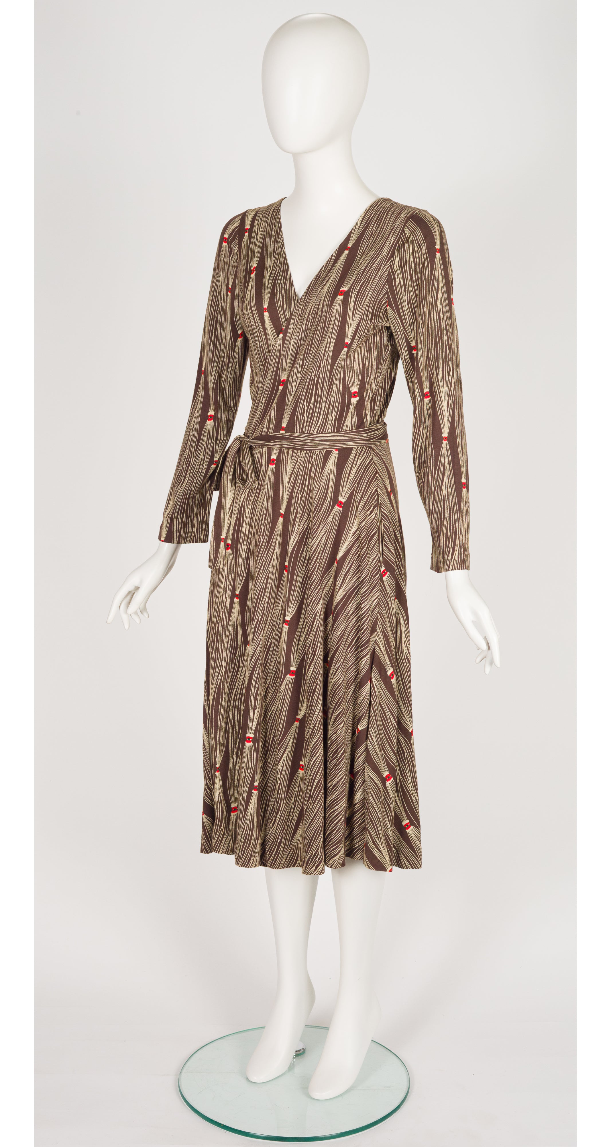 1976 F/W Tassel Print Brown Jersey Midi Wrap Dress
