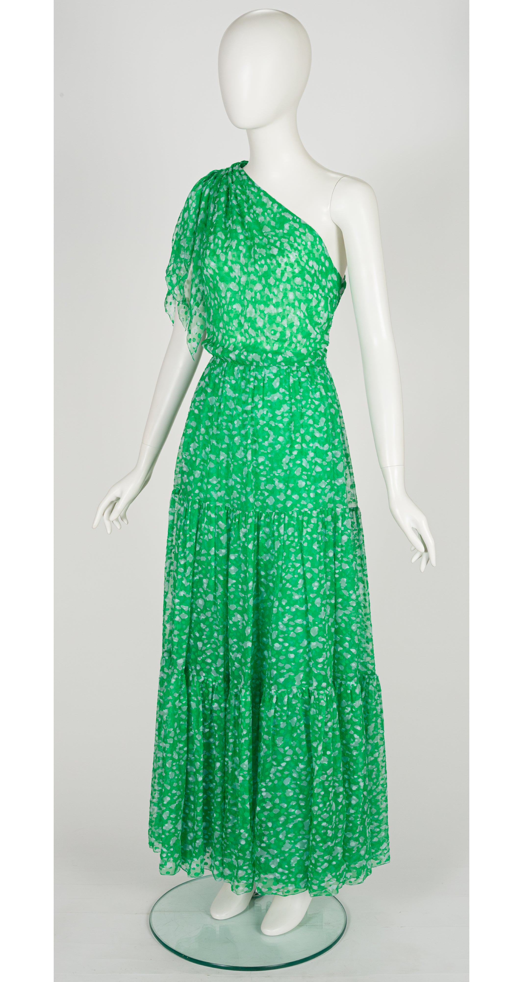 1980s Couture Green Silk Chiffon One-Shoulder Gown