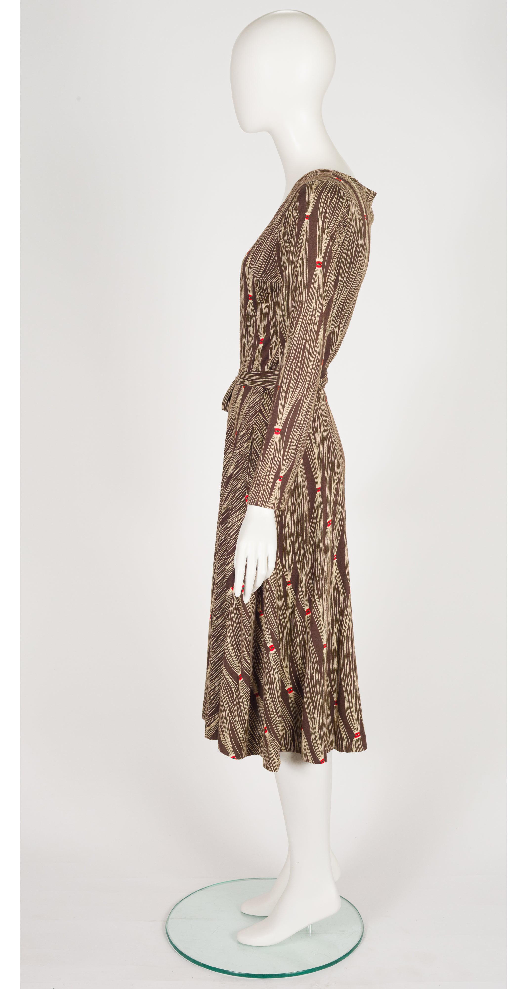 1976 F/W Tassel Print Brown Jersey Midi Wrap Dress
