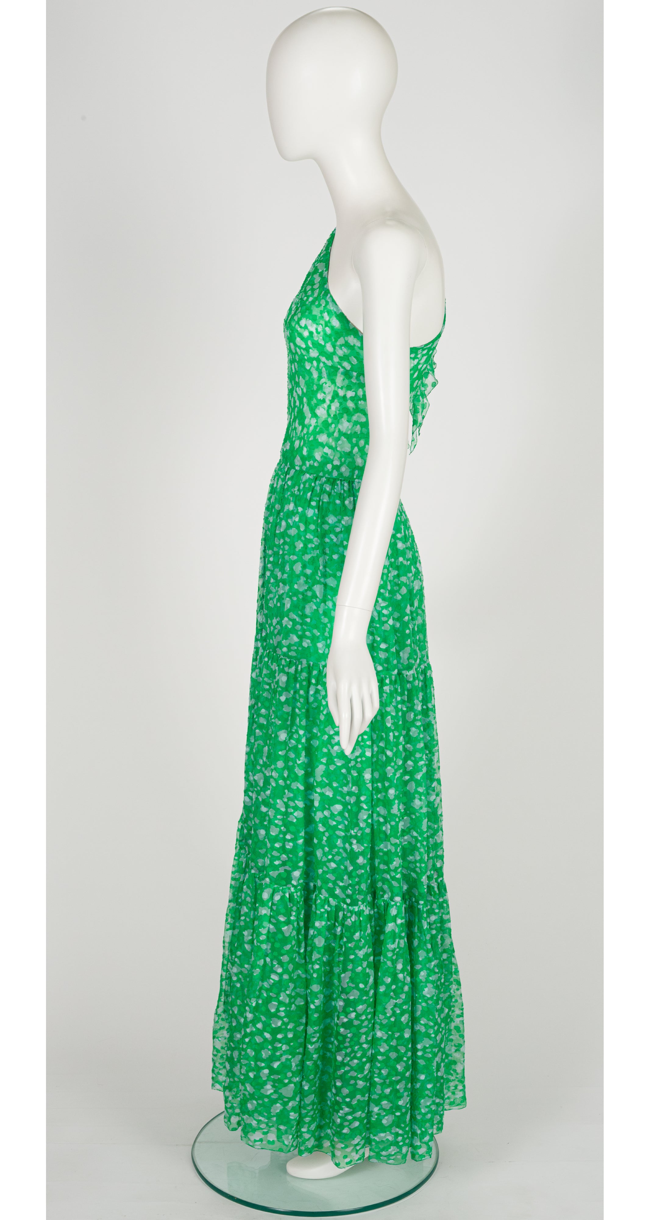 1980s Couture Green Silk Chiffon One-Shoulder Gown