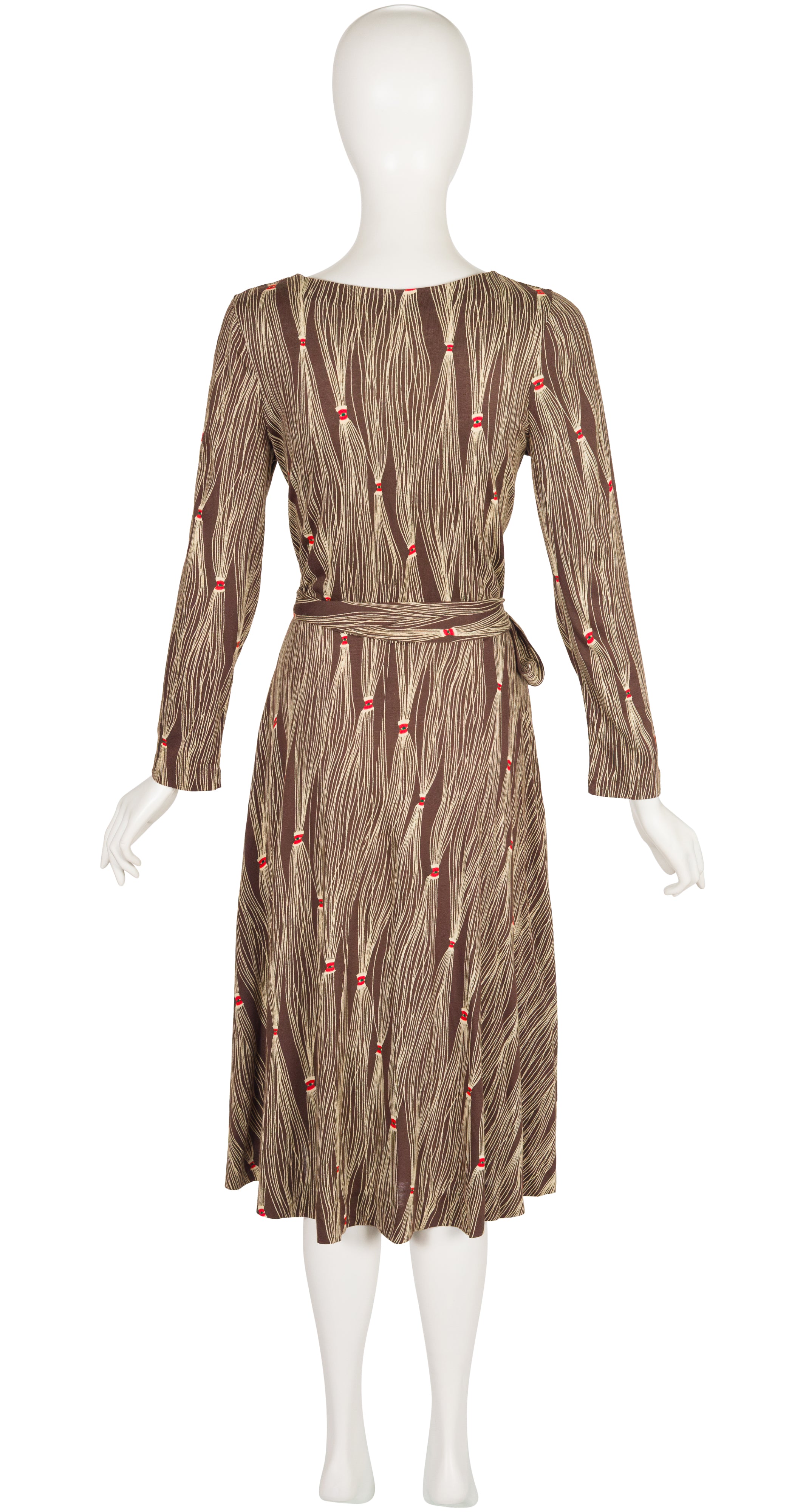 1976 F/W Tassel Print Brown Jersey Midi Wrap Dress