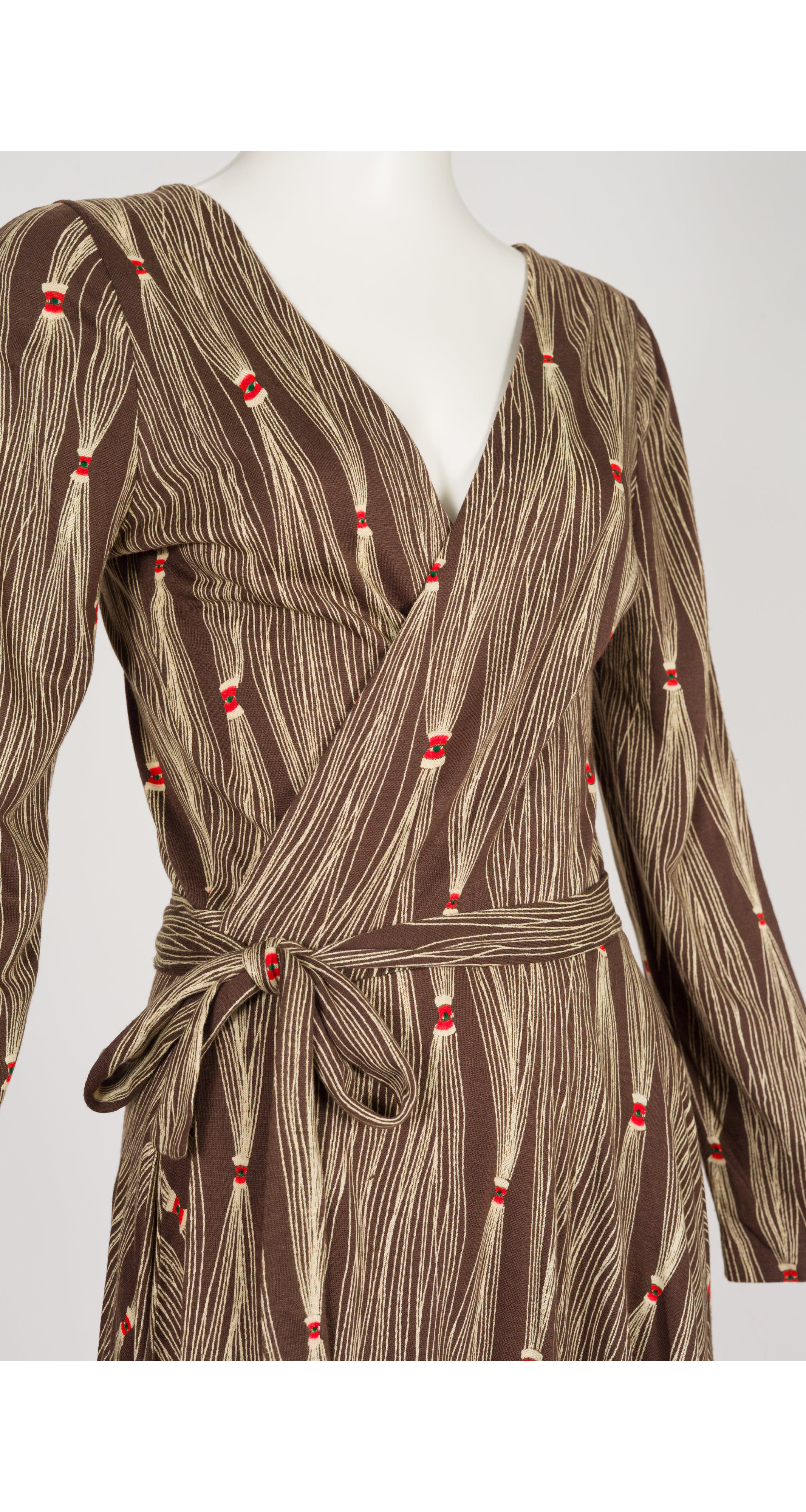 1976 F/W Tassel Print Brown Jersey Midi Wrap Dress