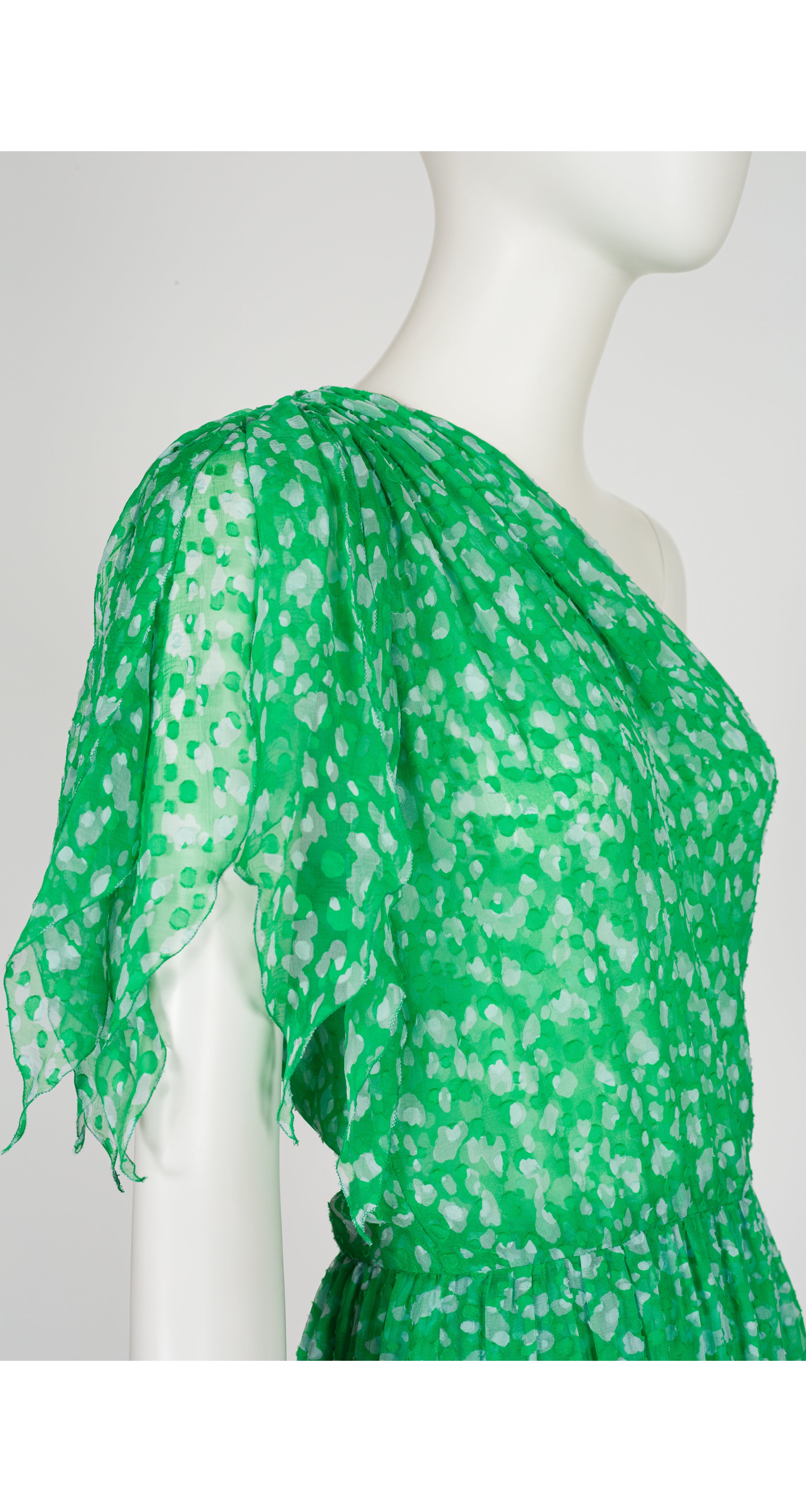 1980s Couture Green Silk Chiffon One-Shoulder Gown