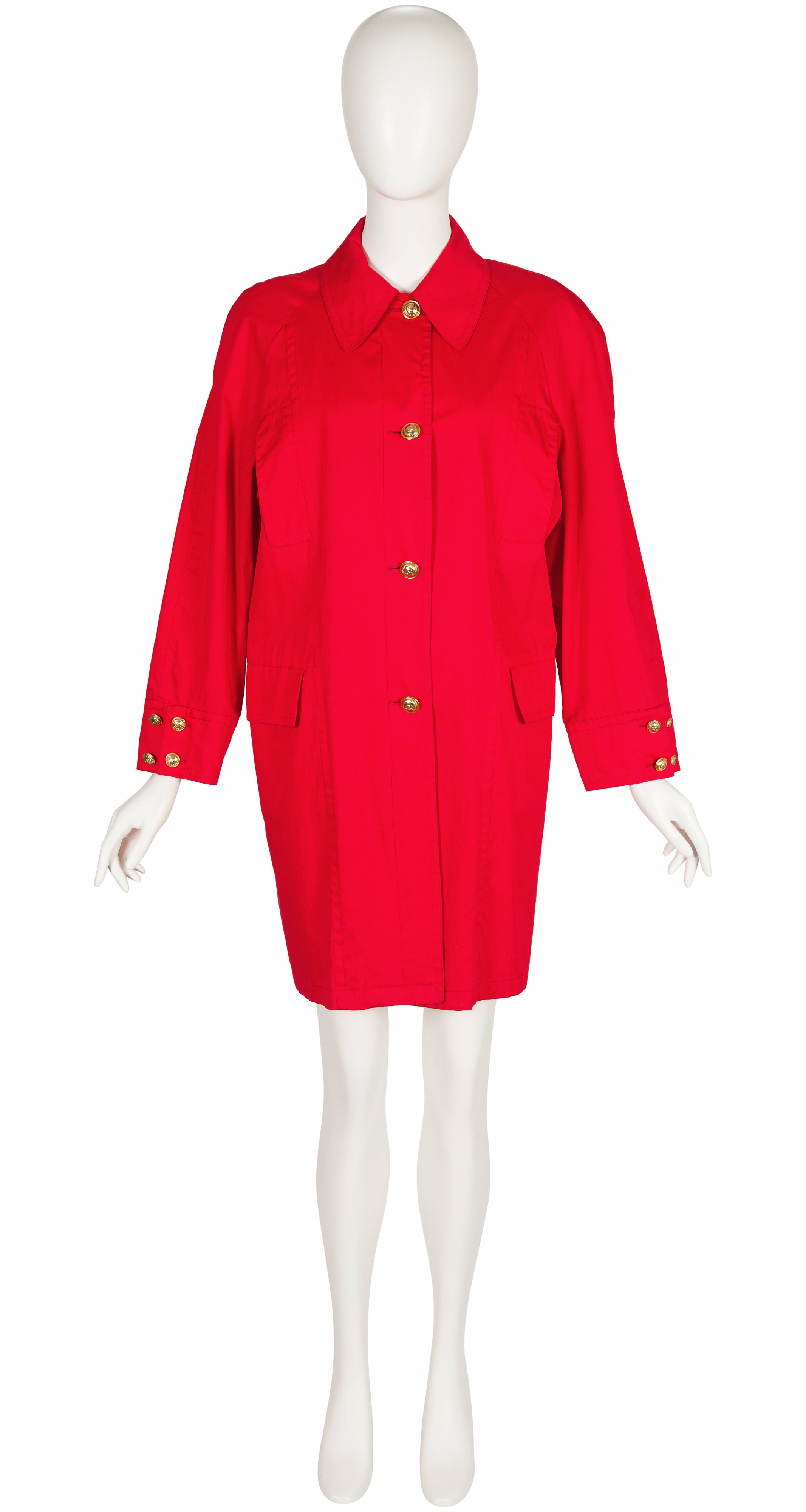 1980s Logo Button Red Cotton Collared Raincoat
