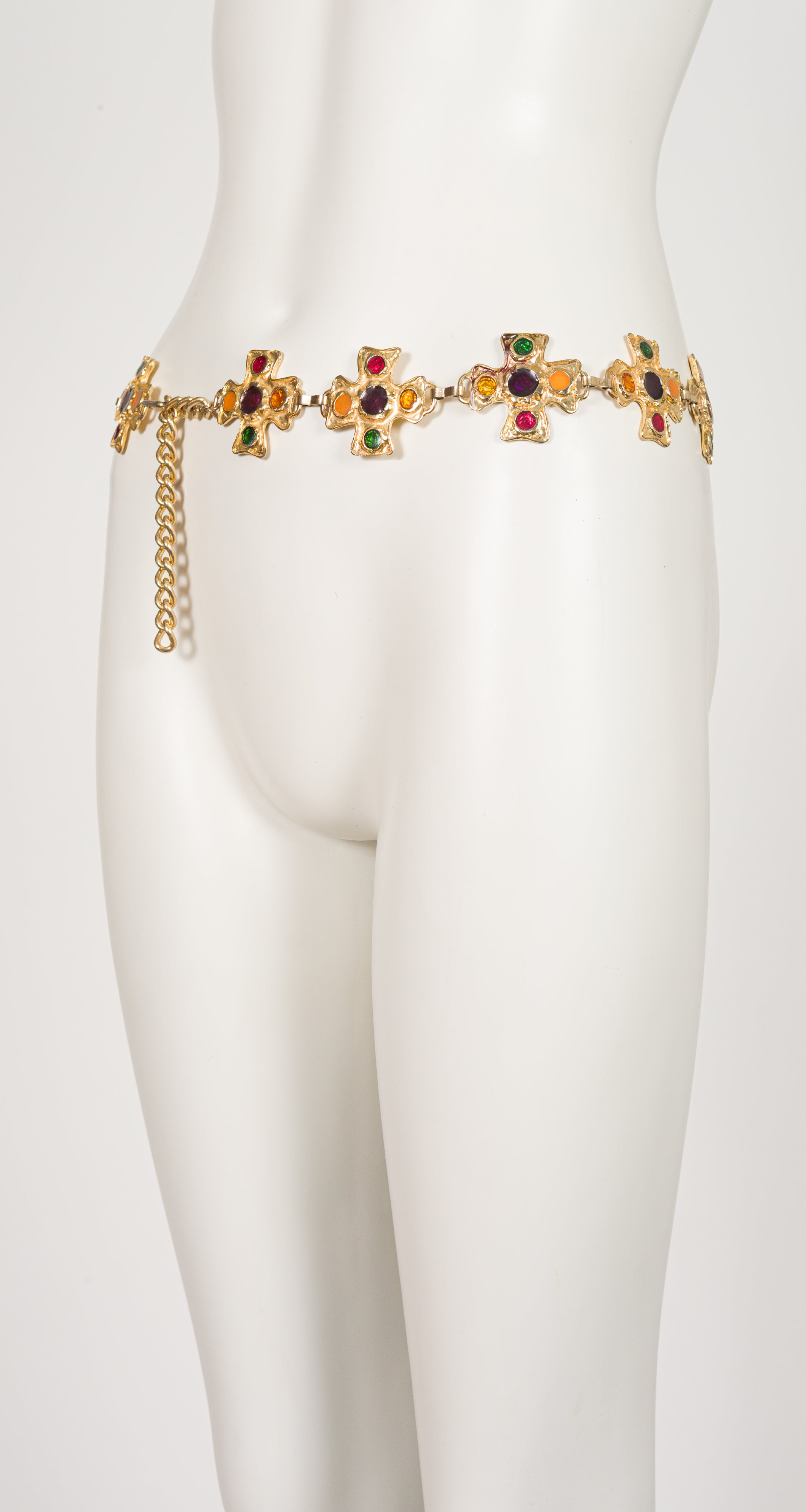 1980s Maltese Cross Enamel Gold Tone Metal Chain Belt