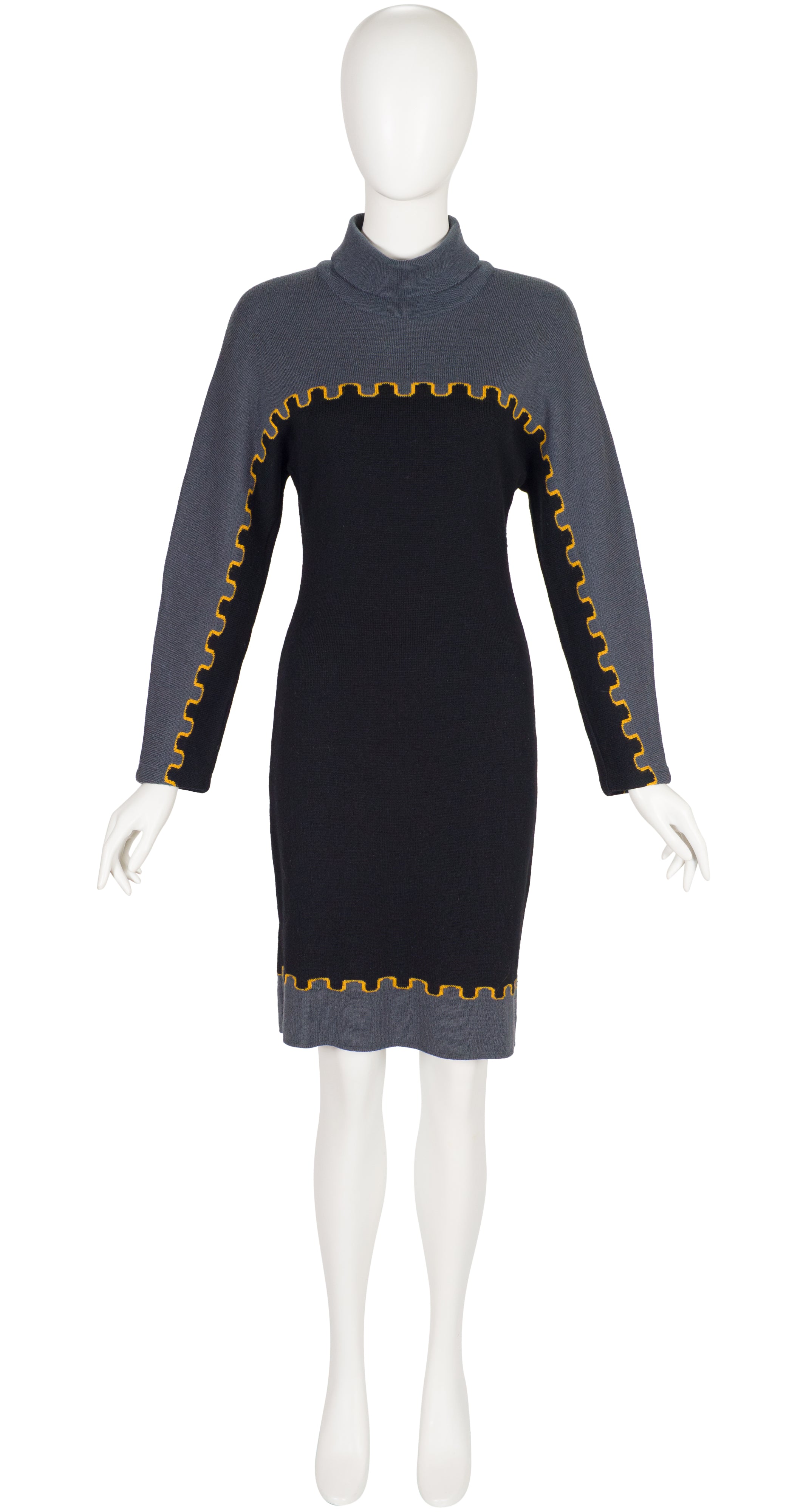 1980s Castle Print Wool Knit Long Sleeve Dress