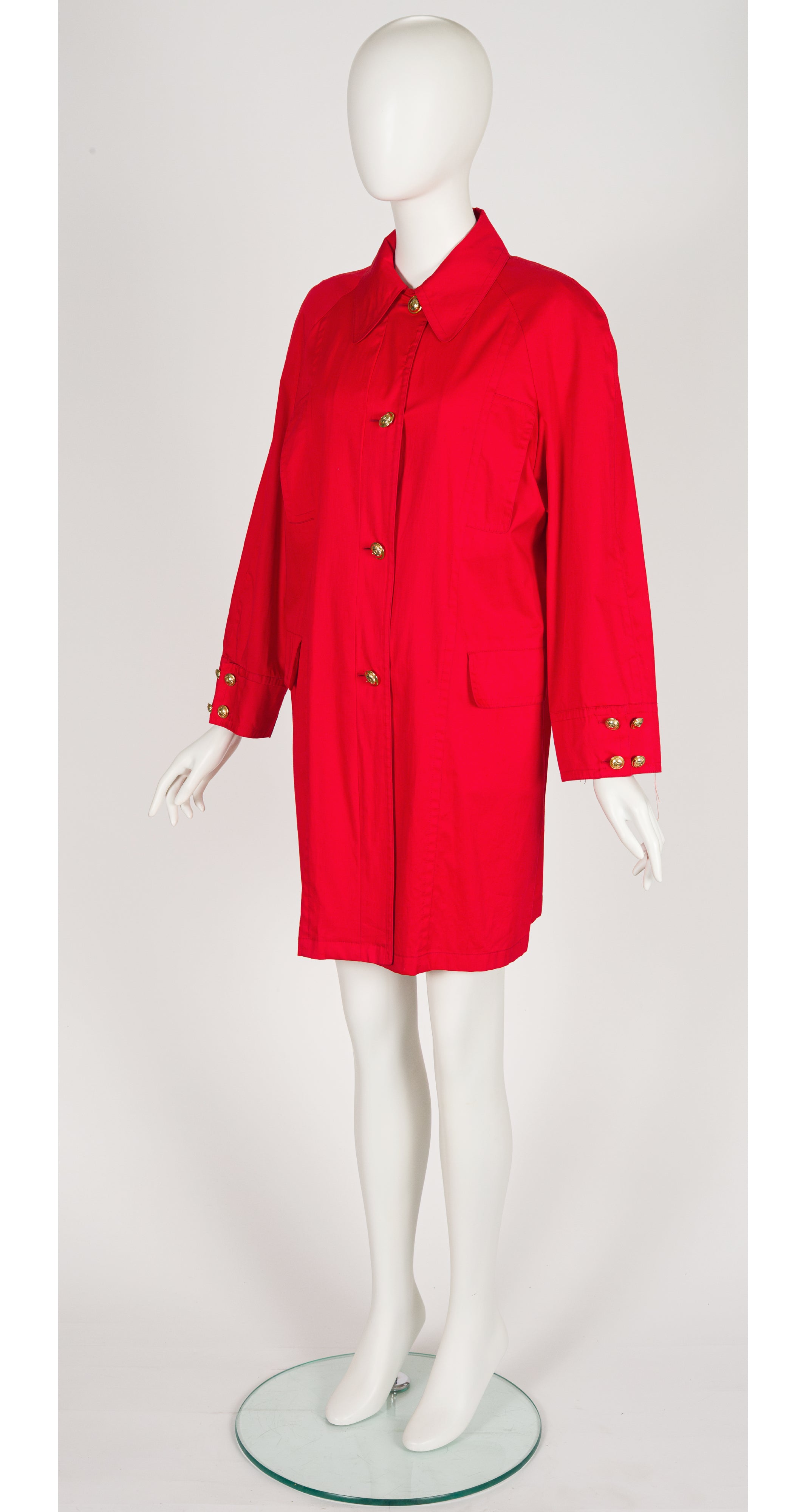 1980s Logo Button Red Cotton Collared Raincoat