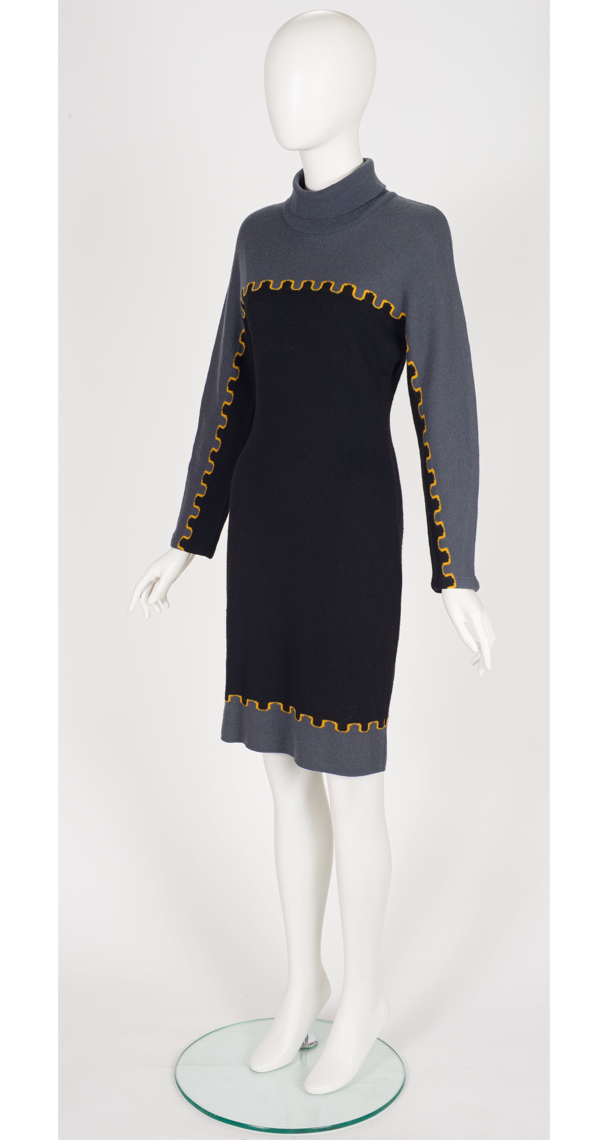 1980s Castle Print Wool Knit Long Sleeve Dress