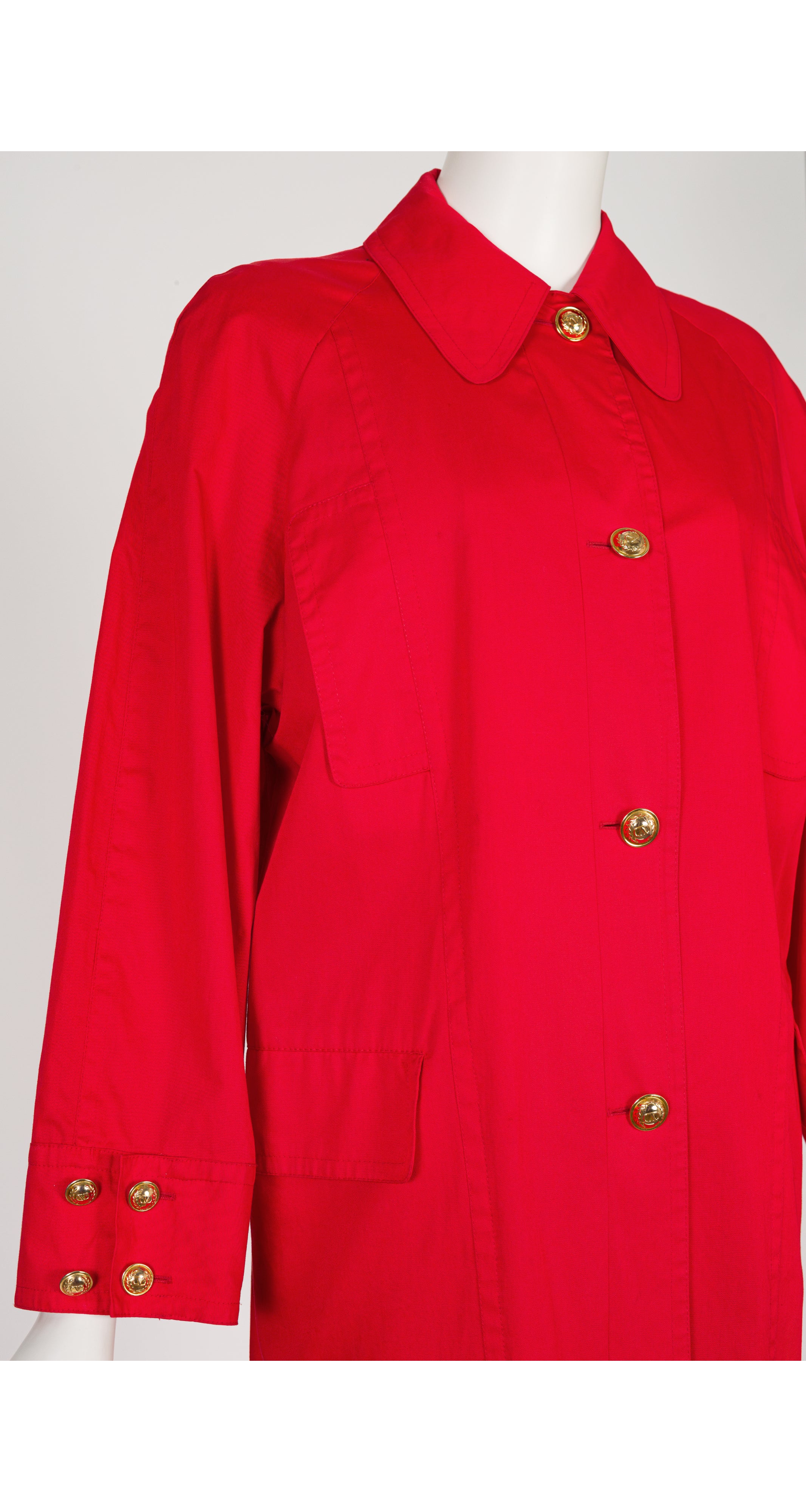 1980s Logo Button Red Cotton Collared Raincoat