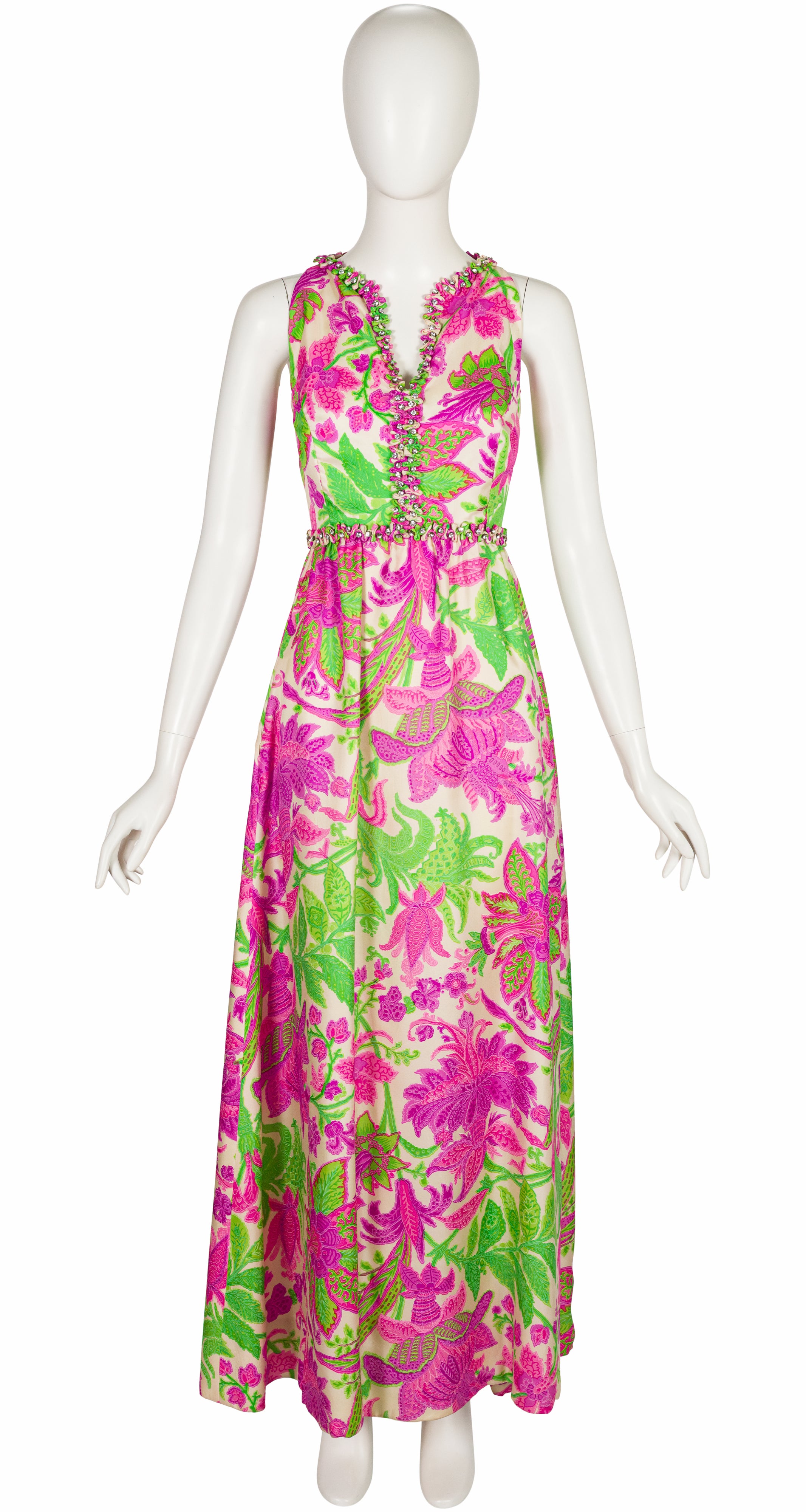 1960s Pink & Green Floral Print Silk Twill Evening Gown