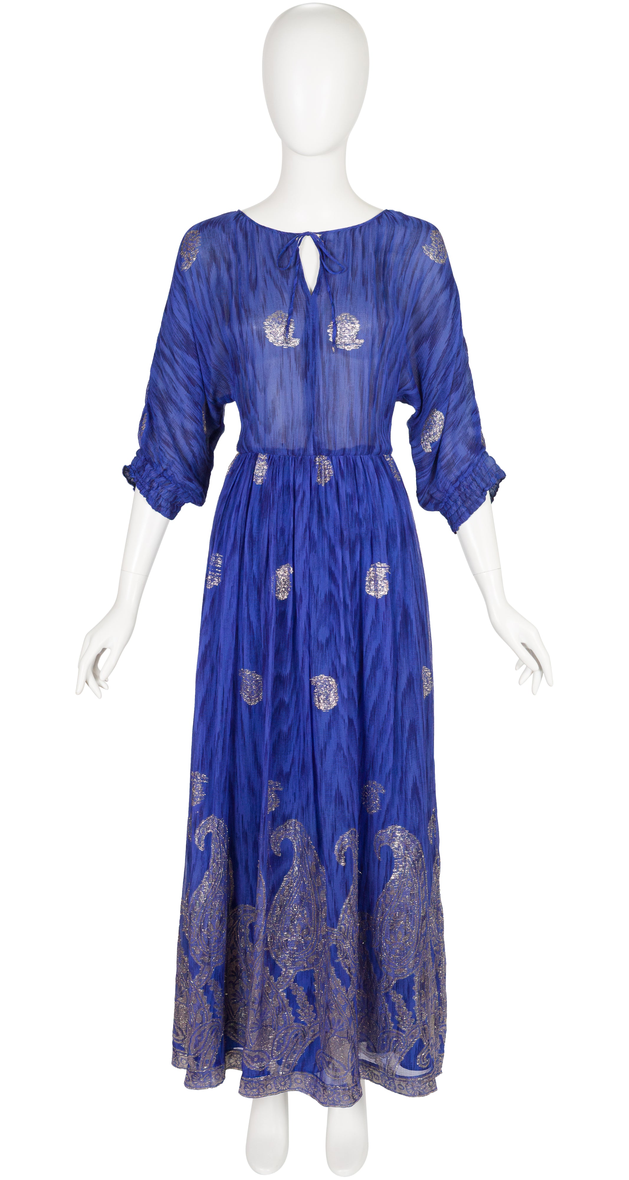 1970s Paisley Lurex Indigo Silk Chiffon Gown