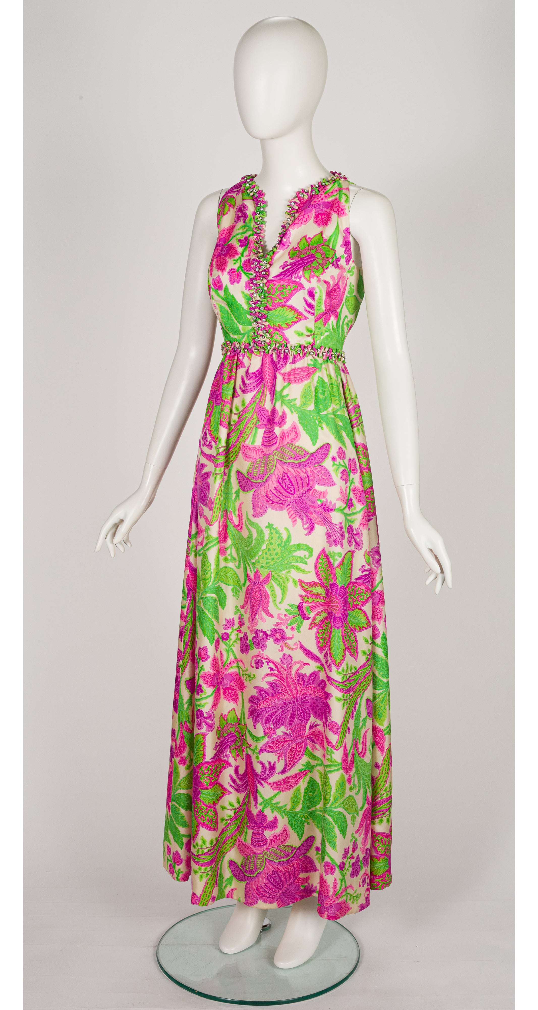 1960s Pink & Green Floral Print Silk Twill Evening Gown